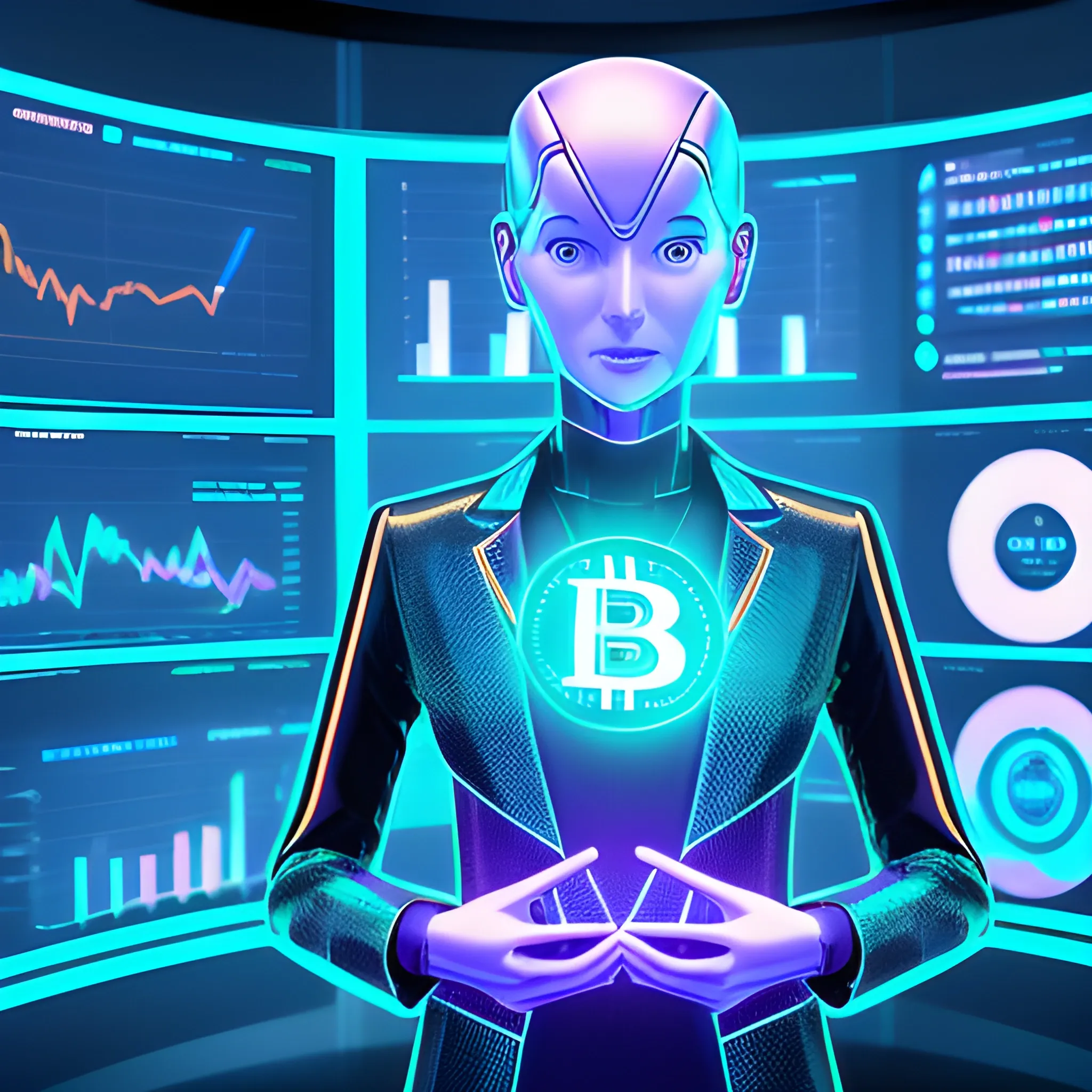 Start-Up Founder Female humanoid In A Sleek, Futuristic Workspace, Surrounded By Holographic Displays Showing Bitcoin And Other Crypto Analysis, An Other Holographic Display Showing The Website "Https://Wisdomise.Com" And Advanced Technology. Dressed Sharply, Representing A Forward-Thinking, Visionary Leader In Their Industry., 3D