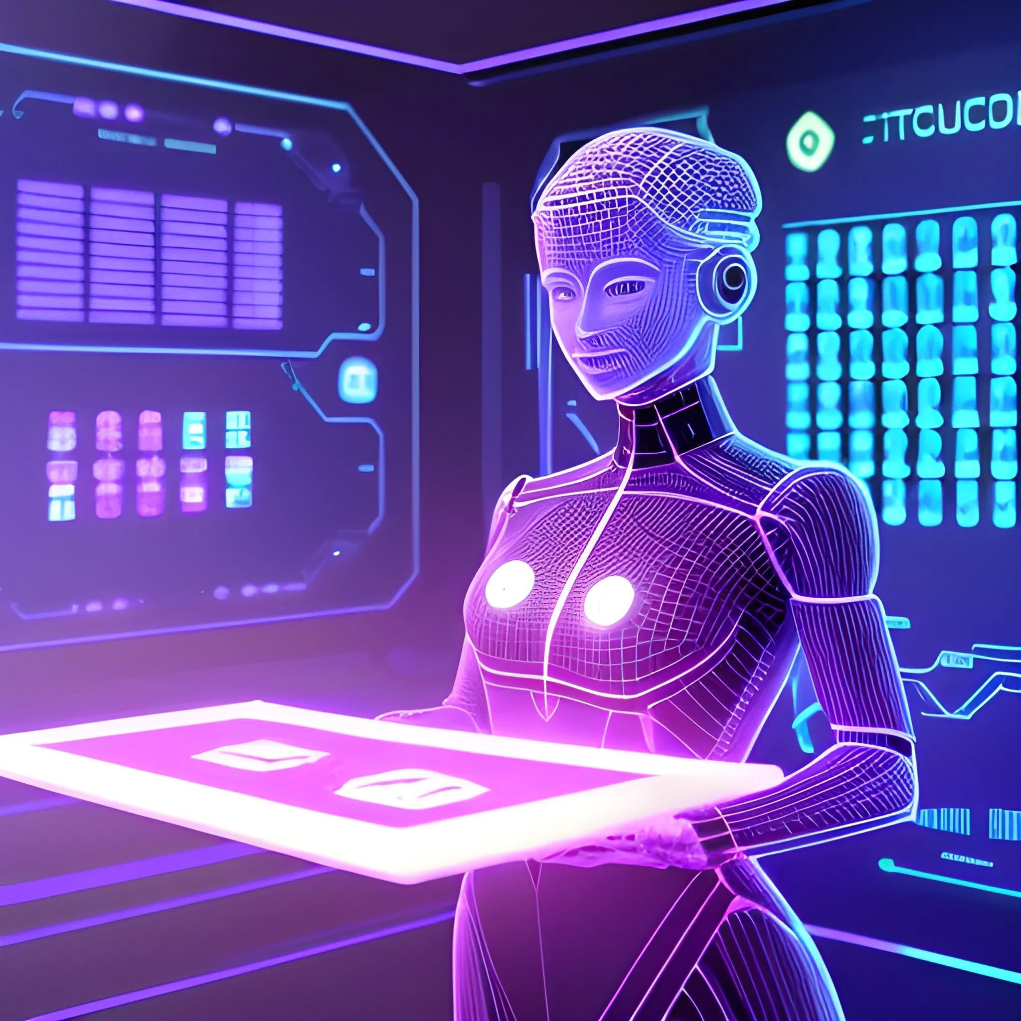 Start-Up Founder Female humanoid In A Sleek, Futuristic Workspace, purple lights, Surrounded By Holographic Displays Showing Bitcoin, Ethereum, Crypto Analysis, An Other Holographic Display Showing The Wisdomise is the clue of success. Dressed Sharply, Representing A Forward-Thinking, Visionary Leader In Their Industry, 3D