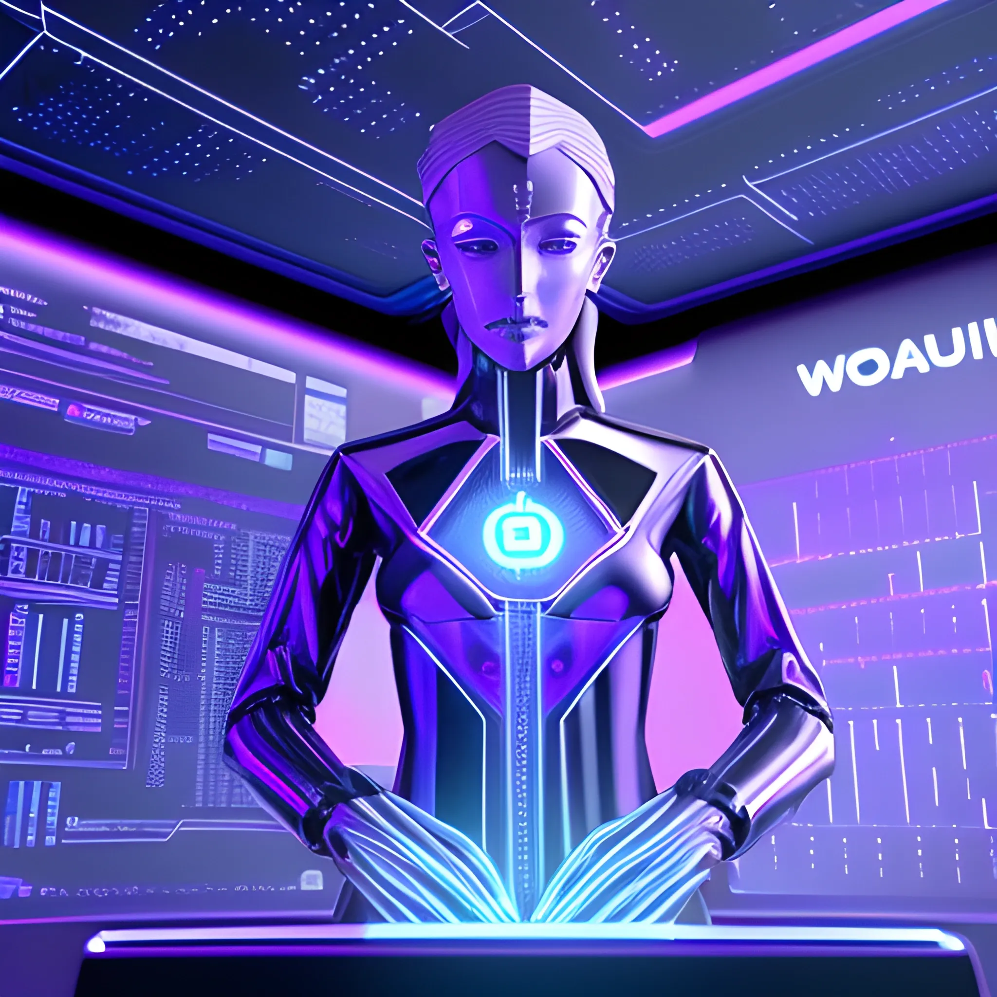 Start-Up Founder Female humanoid In A Sleek, Futuristic Workspace, purple lights, Surrounded By Holographic Displays Showing Bitcoin, Ethereum, Crypto Analysis, An Other Holographic Display Showing The Wisdomise is the clue of success. Dressed Sharply, Representing A Forward-Thinking, Visionary Leader In Their Industry, 3D, Trippy