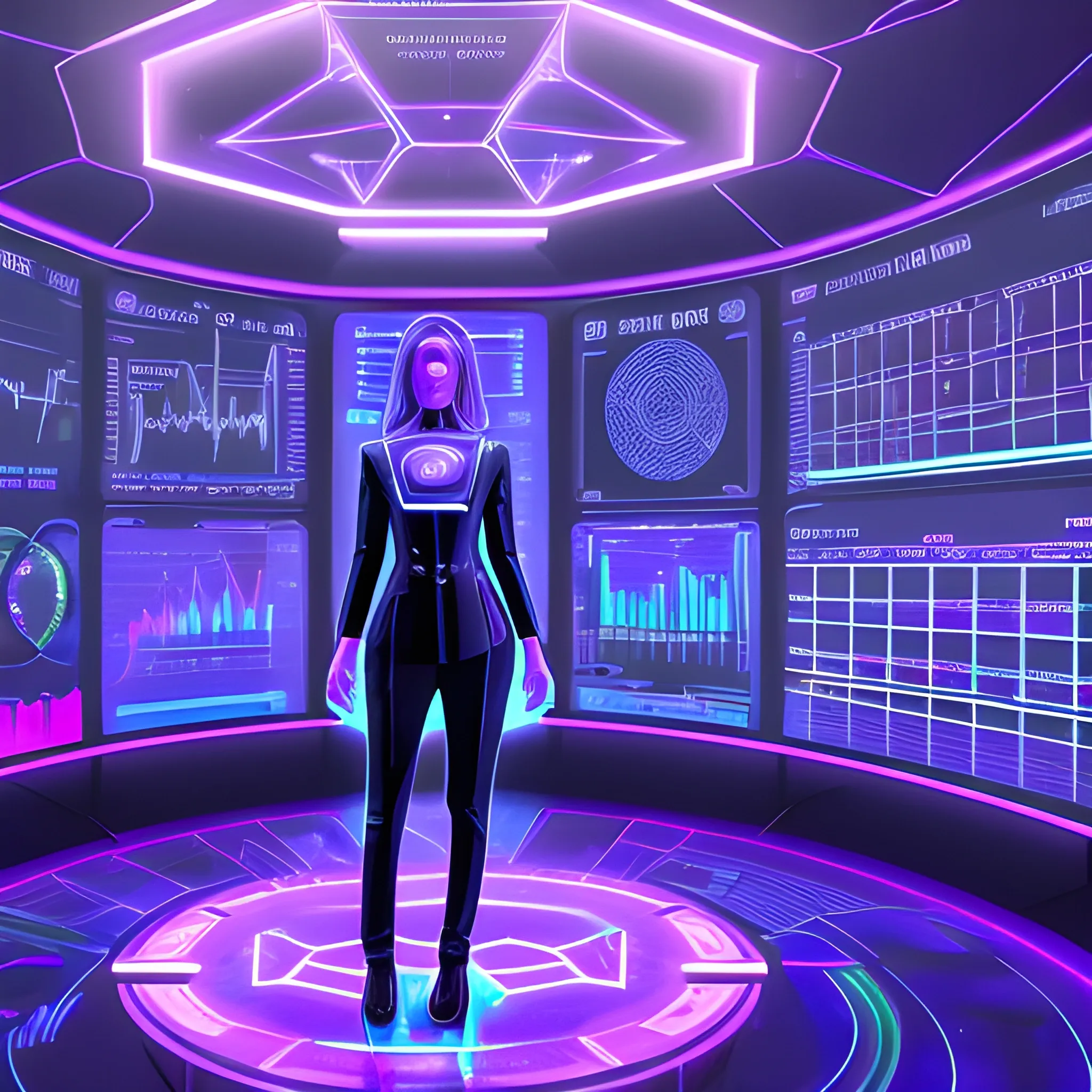 Start-Up Founder Female humanoid In A Sleek, Futuristic Workspace, purple lights, Surrounded By Holographic Displays Showing Bitcoin, Ethereum, Crypto Analysis, An Other Holographic Display Showing The Wisdomise is the clue of success. Dressed Sharply, Representing A Forward-Thinking, Visionary Leader In Their Industry,