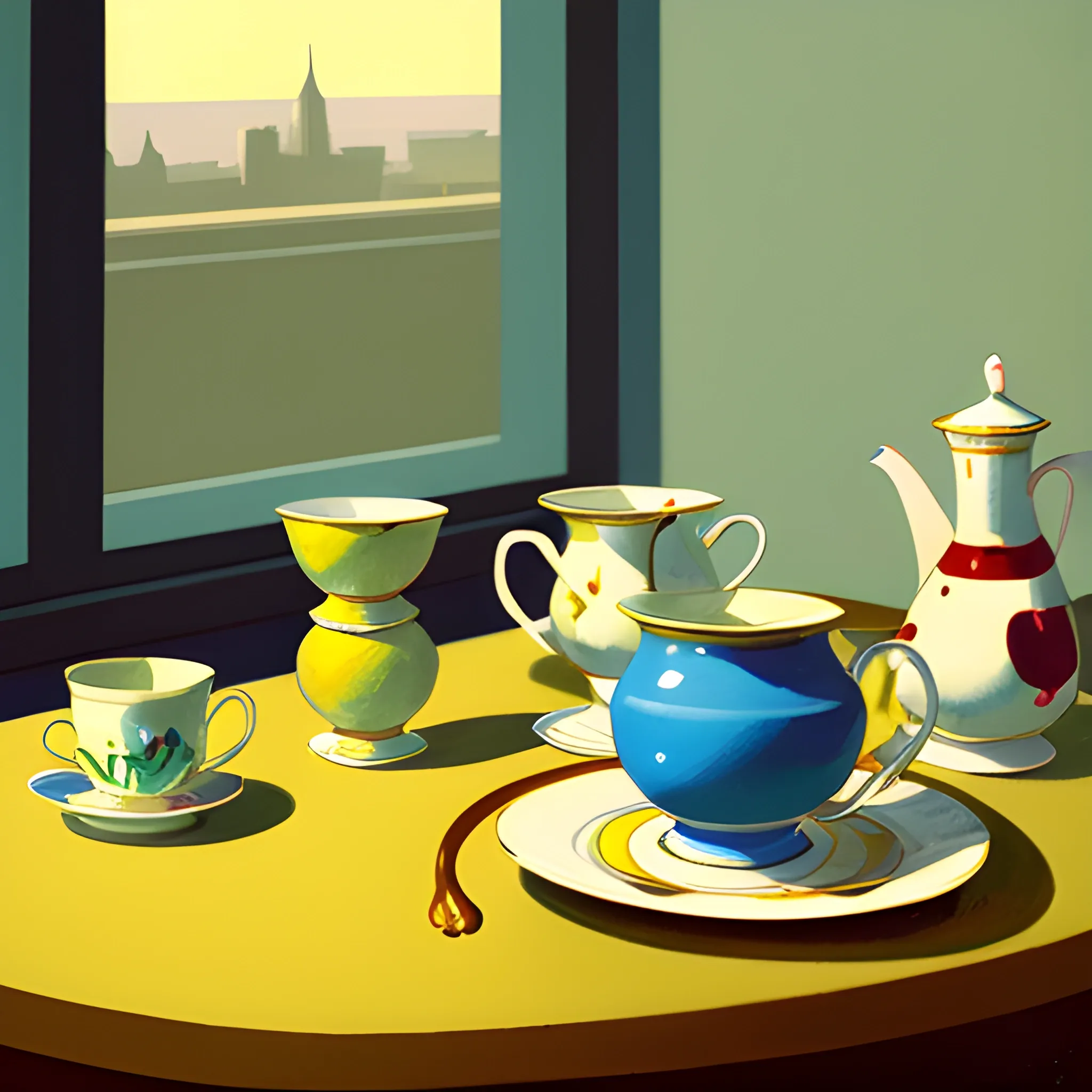 close up shot of items on table in contemporary home, still life, cups, tea party, very coherent, painted by Edward Hopper, painted by James Gilleard