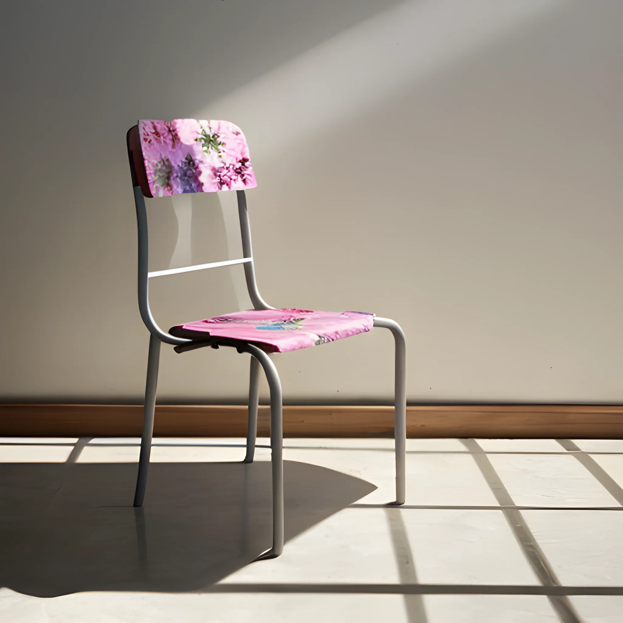 front view of chair with flowers on seat casting shadows on wall and floor.
