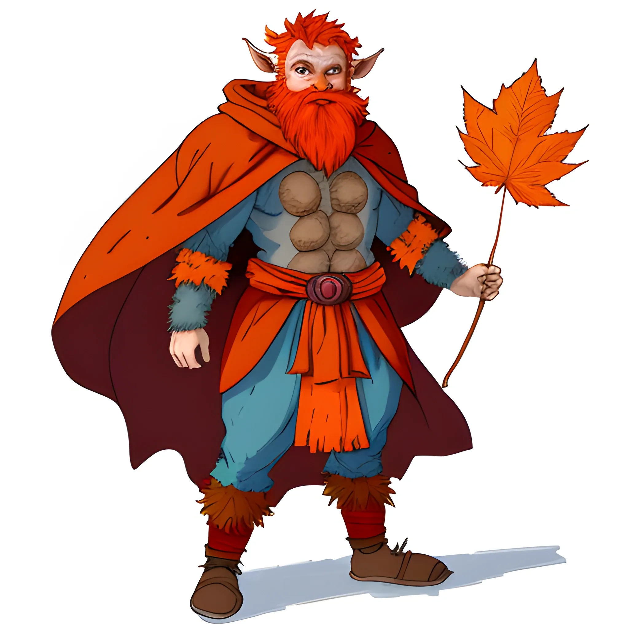 stoic friendly firbolg, full body, big nose, blue skin, red nose, orange hair, orange beard, cloak made of autumn leaves. Professional color drawing.