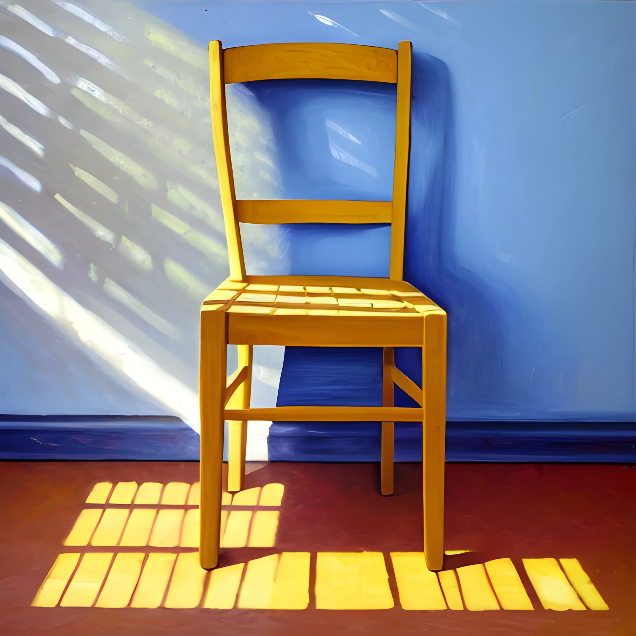 front view of chair facing forward with flowers on seat casting shadows on wall and floor.,, Oil Painting