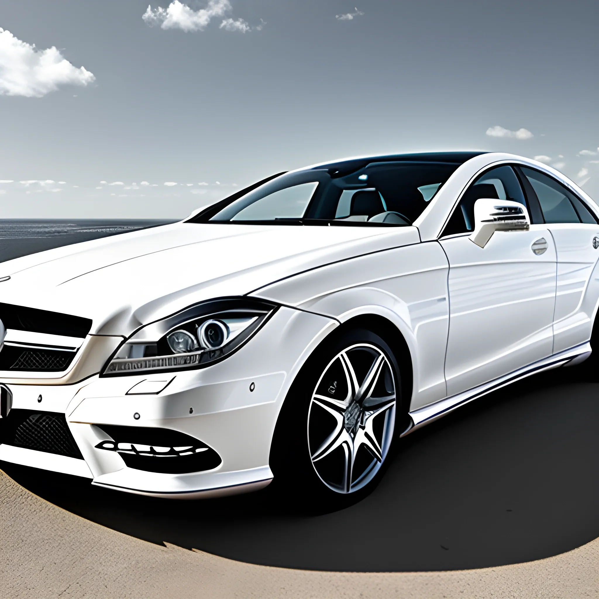 A white Mercedes Benz CLS w218 with no background, Trippy