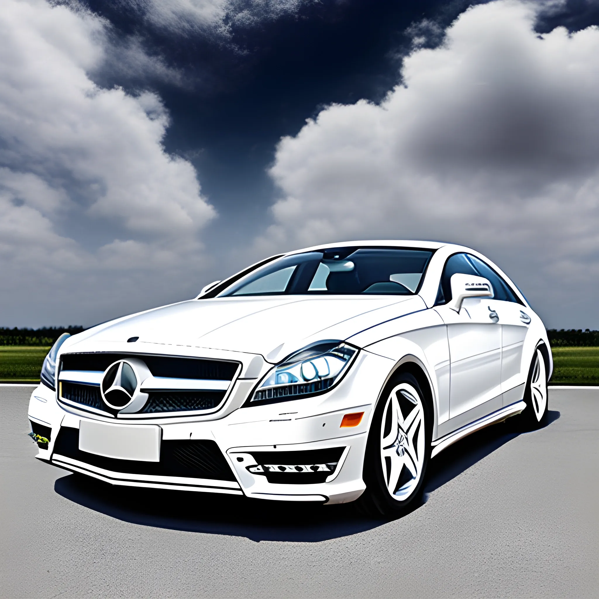 A white Mercedes Benz CLS w218 with no background, Trippy