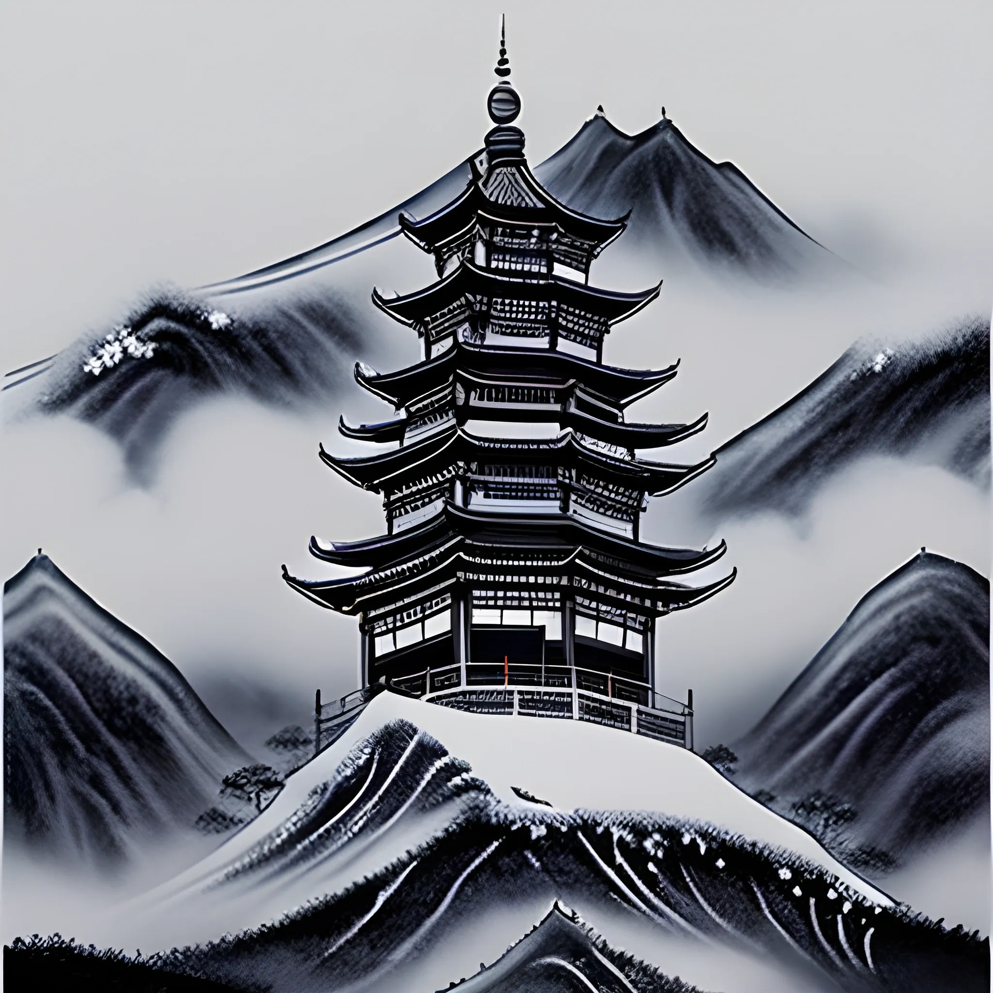 Mysterious Chinese mountain scenery, moon phase, snow and fog, pagoda, traditional ink style, ultra-high details, ultra-high definition