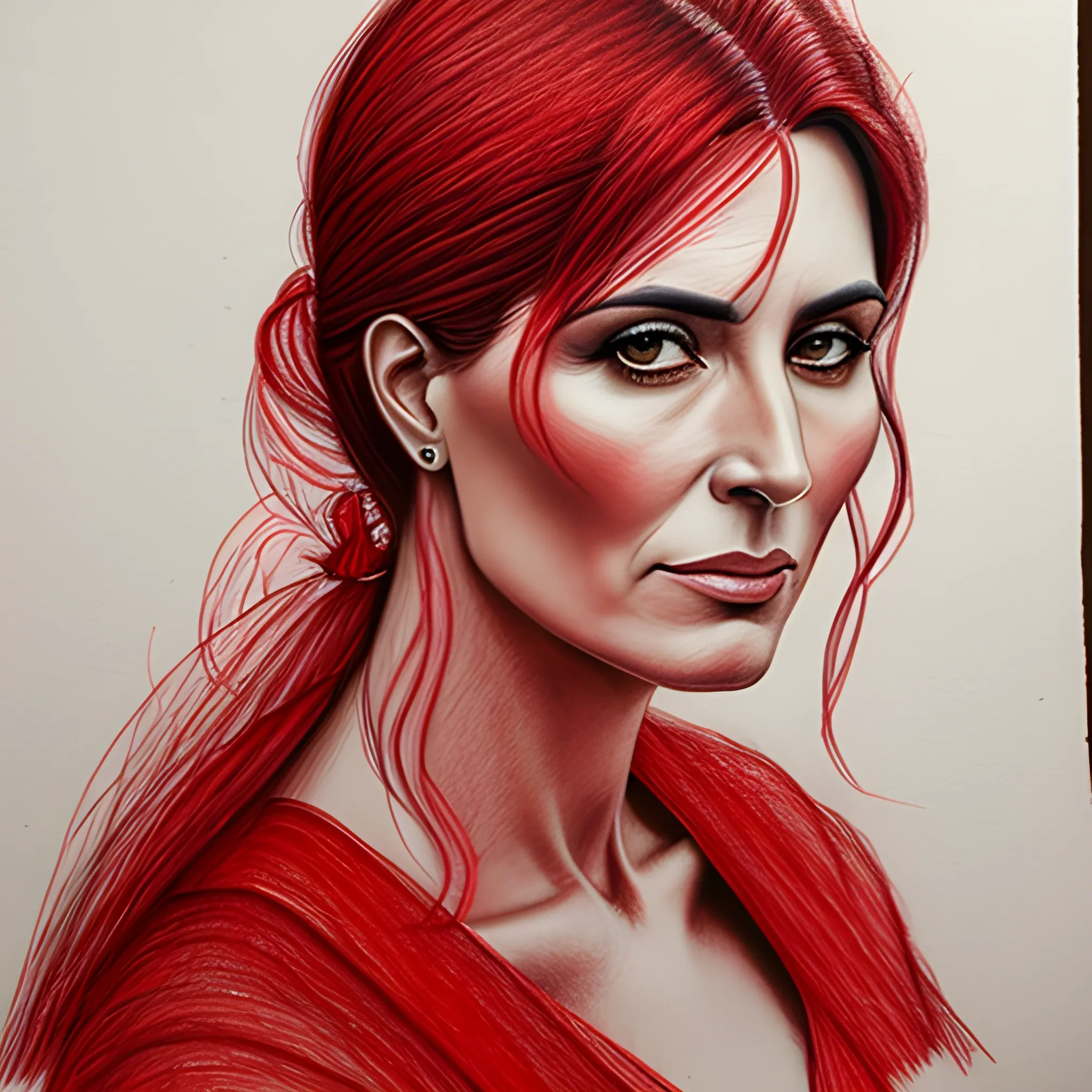 Retrato de niña con pañuelo rojo, obra maestra, Pencil Sketch, 