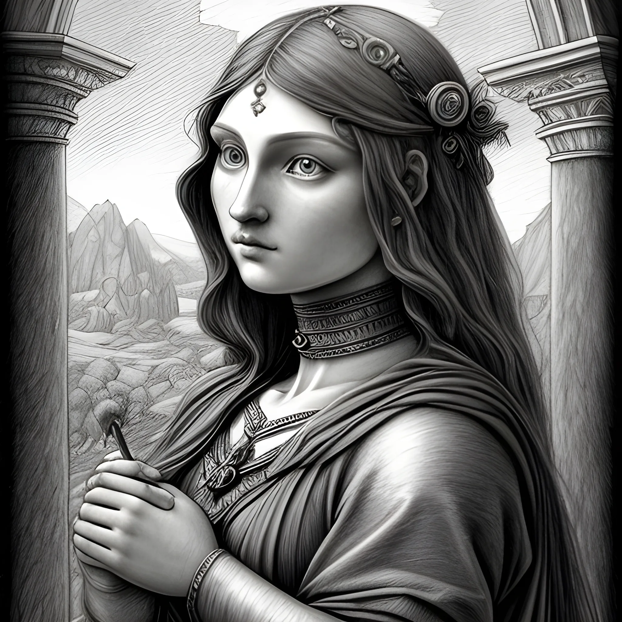 , Pencil SketchDark, fantasy art, Raphaelite realism style, detailed and complex, Etruscan fantasy art, Cartoon