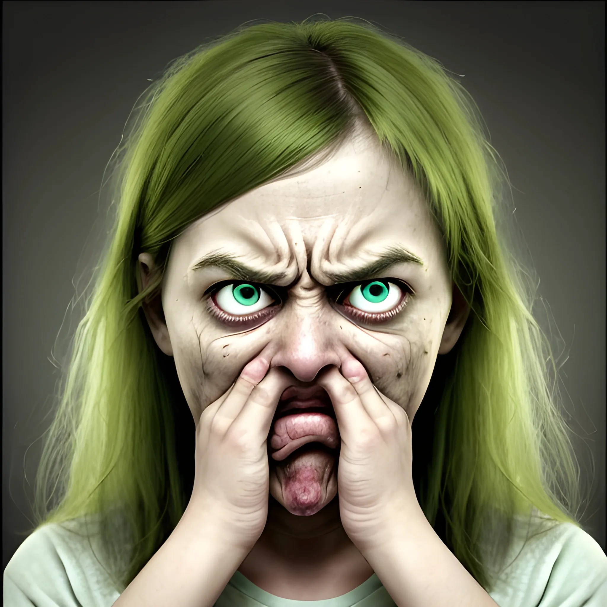 Create an image of a person with a vivid expression of disgust on their face. They should be looking at something that is not visible in the frame, but their reaction makes it clear that it's truly revolting. Their eyebrows are furrowed, their nose is scrunched up, and their lips are curled down in distaste. A look of horror is in their eyes. They might be covering their mouth with their hand, as if they're about to vomit. The lighting should be dim and unflattering, emphasizing the greenish tint of their skin. The background is blurry, with the focus solely on the person's disgusted face. The overall mood is one of intense revulsion and nausea.