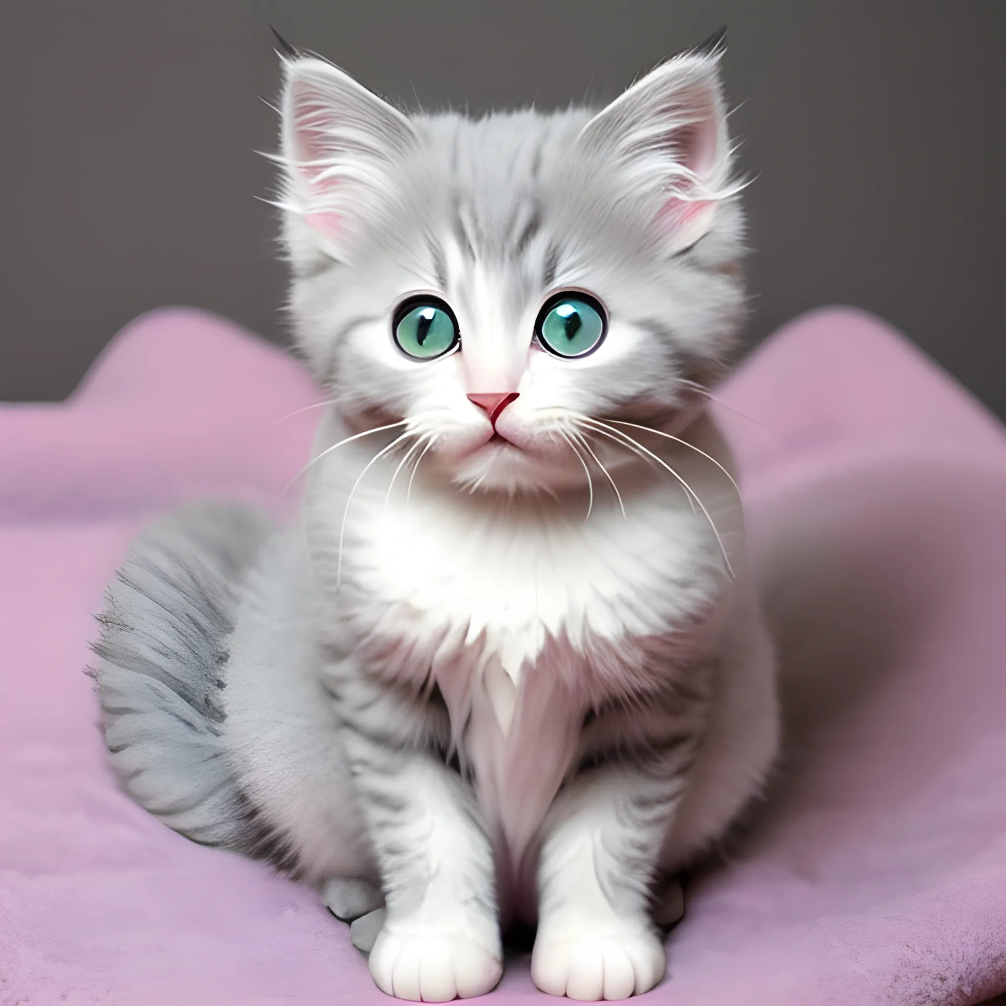 


The image features a fluffy, gray-and-white kitten with big, round eyes and delicate pink ears. The kitten is sitting on a soft, knitted blanket, its tiny paws tucked neatly under its body. Its whiskers are twitching with curiosity as it gazes intently at something just out of frame. The kitten's fur is so soft and plush that you can almost feel the texture through the screen. With a playful tilt of its head and a sweet, innocent expression, this adorable cat is sure to melt the hearts of anyone who sees it.





