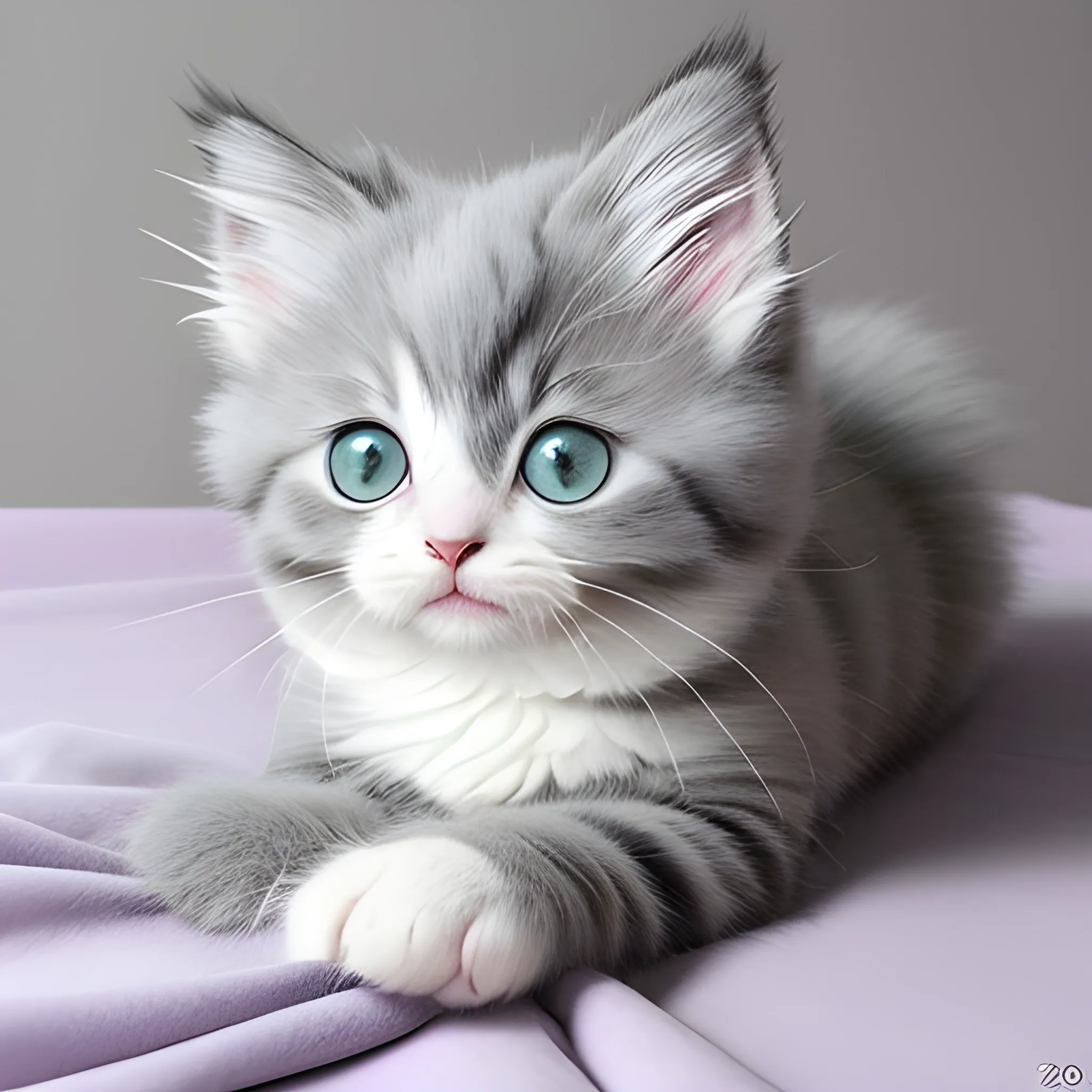 


The image features a fluffy, gray-and-white kitten with big, round eyes and delicate pink ears. The kitten is sitting on a soft, knitted blanket, its tiny paws tucked neatly under its body. Its whiskers are twitching with curiosity as it gazes intently at something just out of frame. The kitten's fur is so soft and plush that you can almost feel the texture through the screen. With a playful tilt of its head and a sweet, innocent expression, this adorable cat is sure to melt the hearts of anyone who sees it.





, 3D