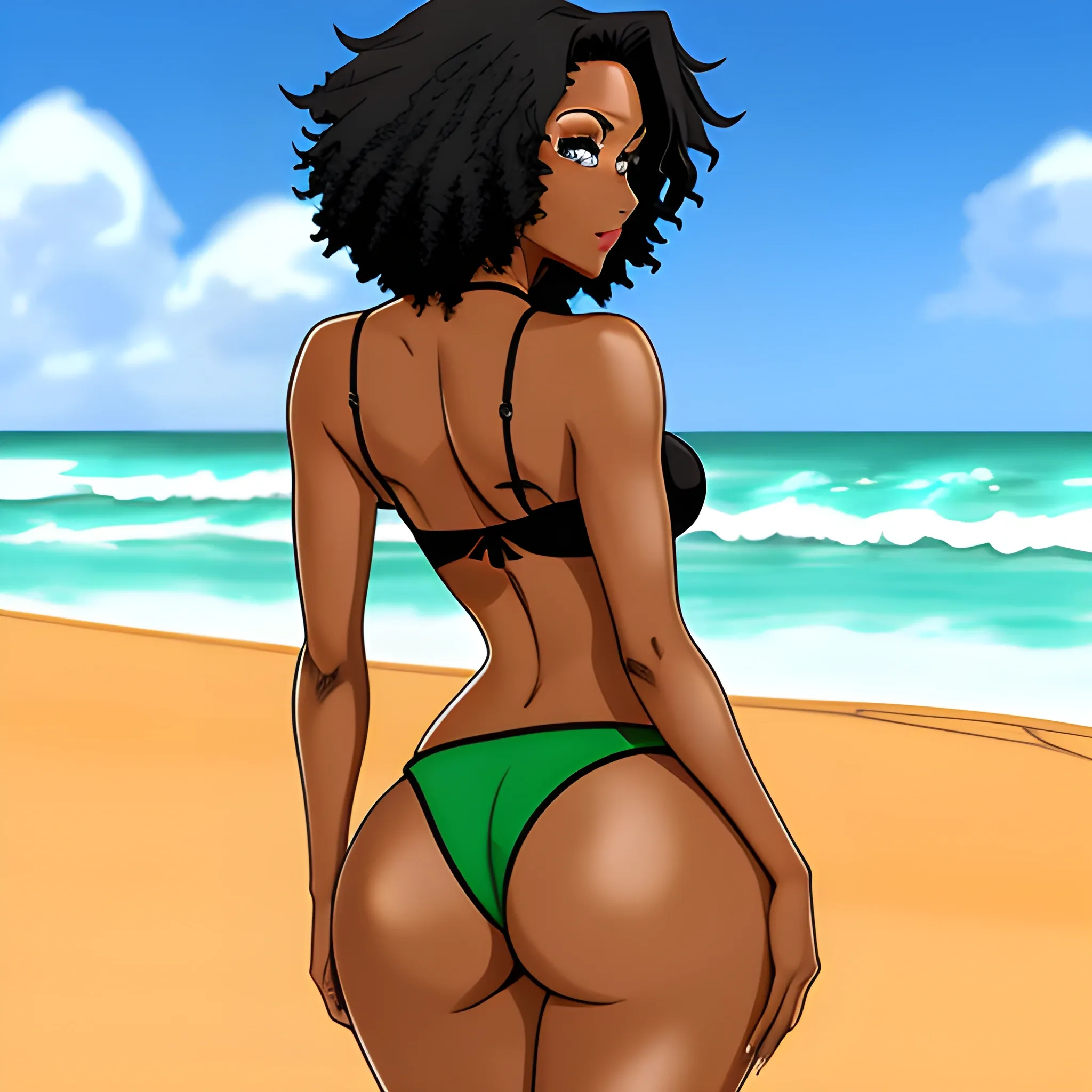 Anime,beach,rear view, brownskin,cute girl,black curly hair,green bra, green panties,cartoon,hand under butt

