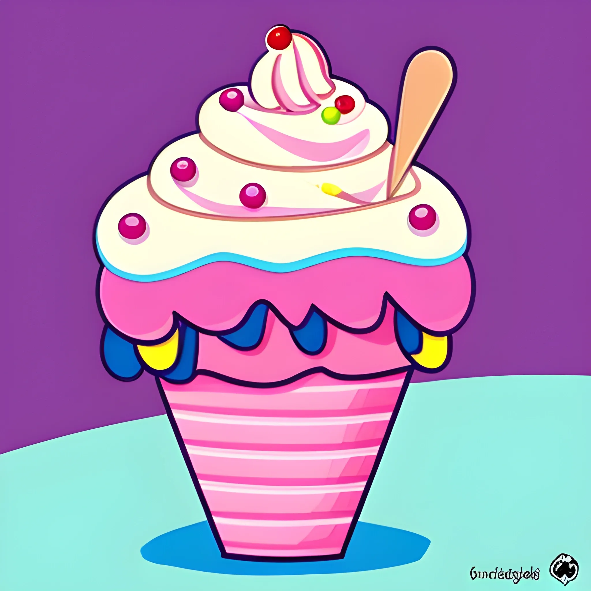 cartoon ice cream gelato, sprinkles, dripping ice cream, cherry on top,
illustratiion