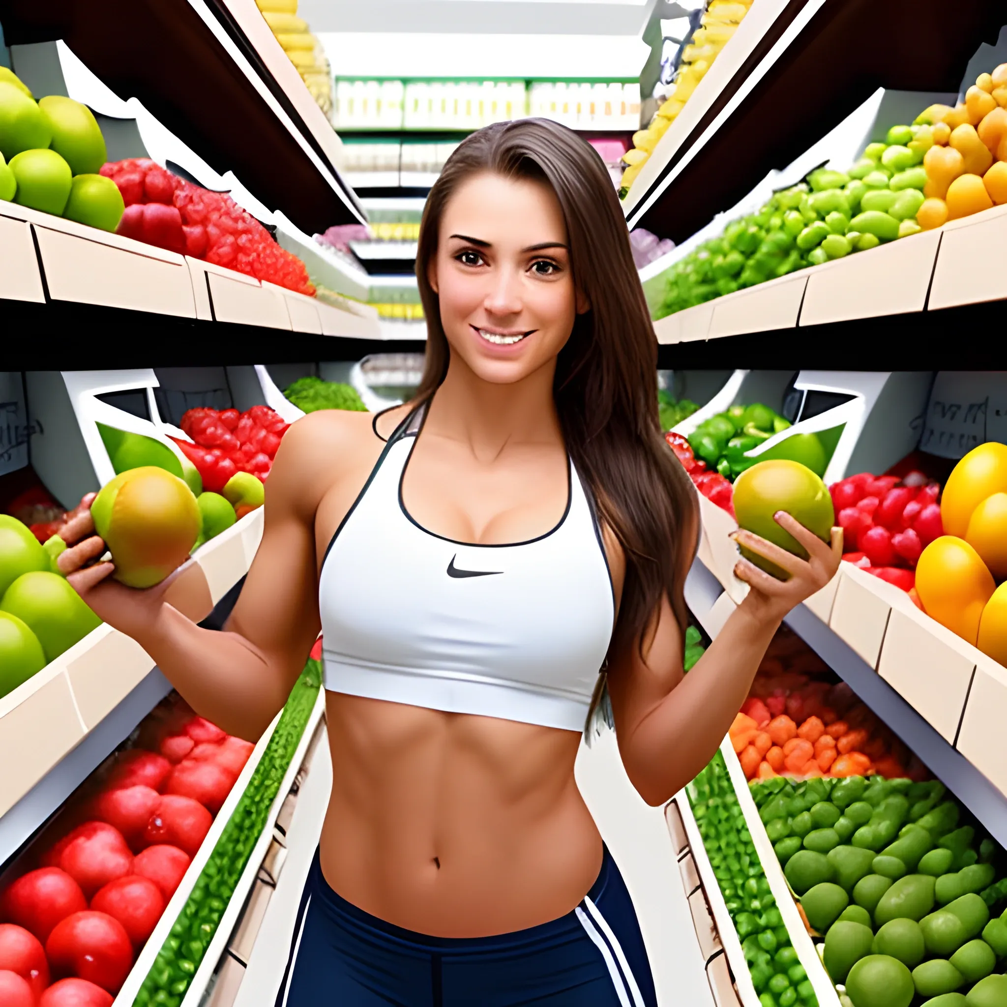 Take as a reference the image I gave you and generate the face of a very attractive and sexy athlete showing her entire body, in a natural products store buying fruit from the shelves.