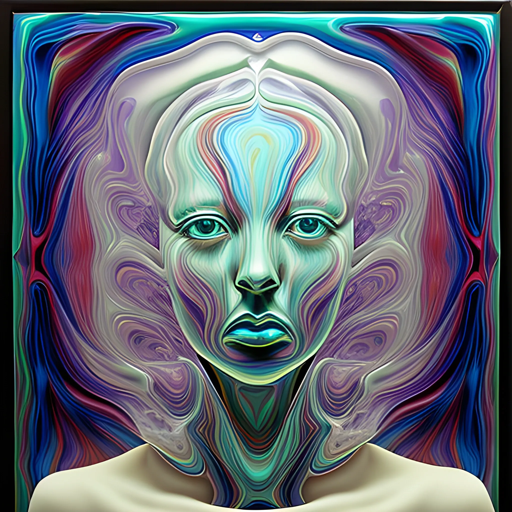 Female portrait made of fluid glass, work of a surrealist master, Trippy