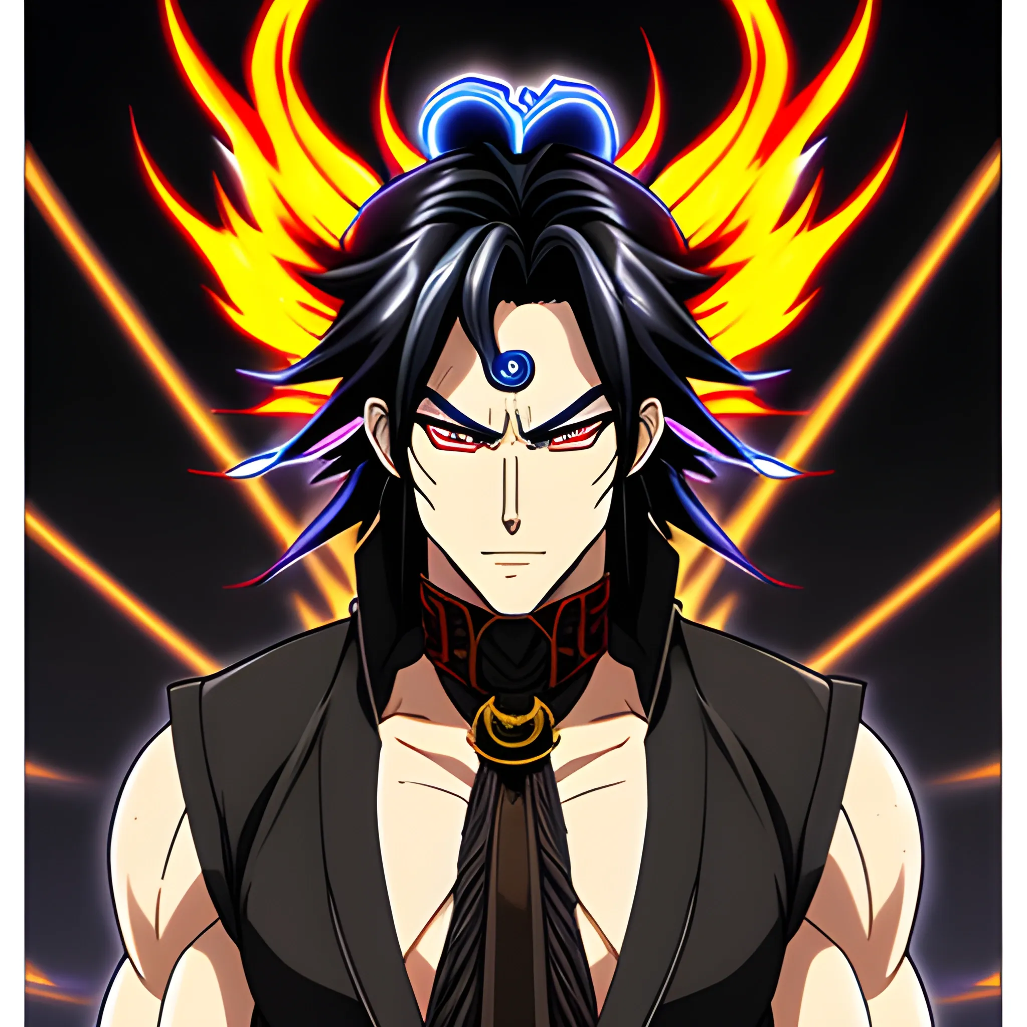 Anime style, male protegonist, black hair, blus flames, Indian, highschooler, Shiva, young, human, medium hair, normal world.