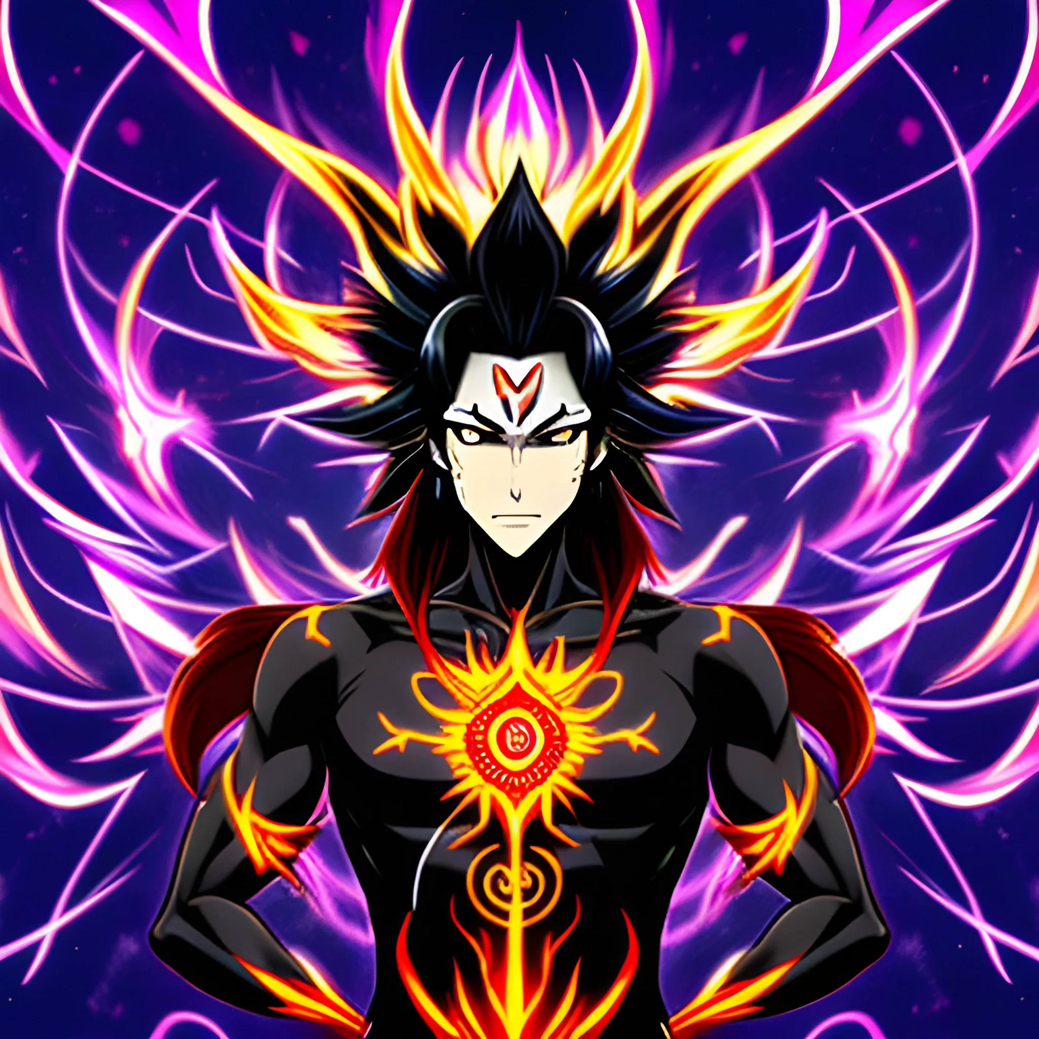 Anime style, male protegonist, black hair, blus flames, Indian, highschooler, Shiva, young, human, medium hair, normal world., Trippy