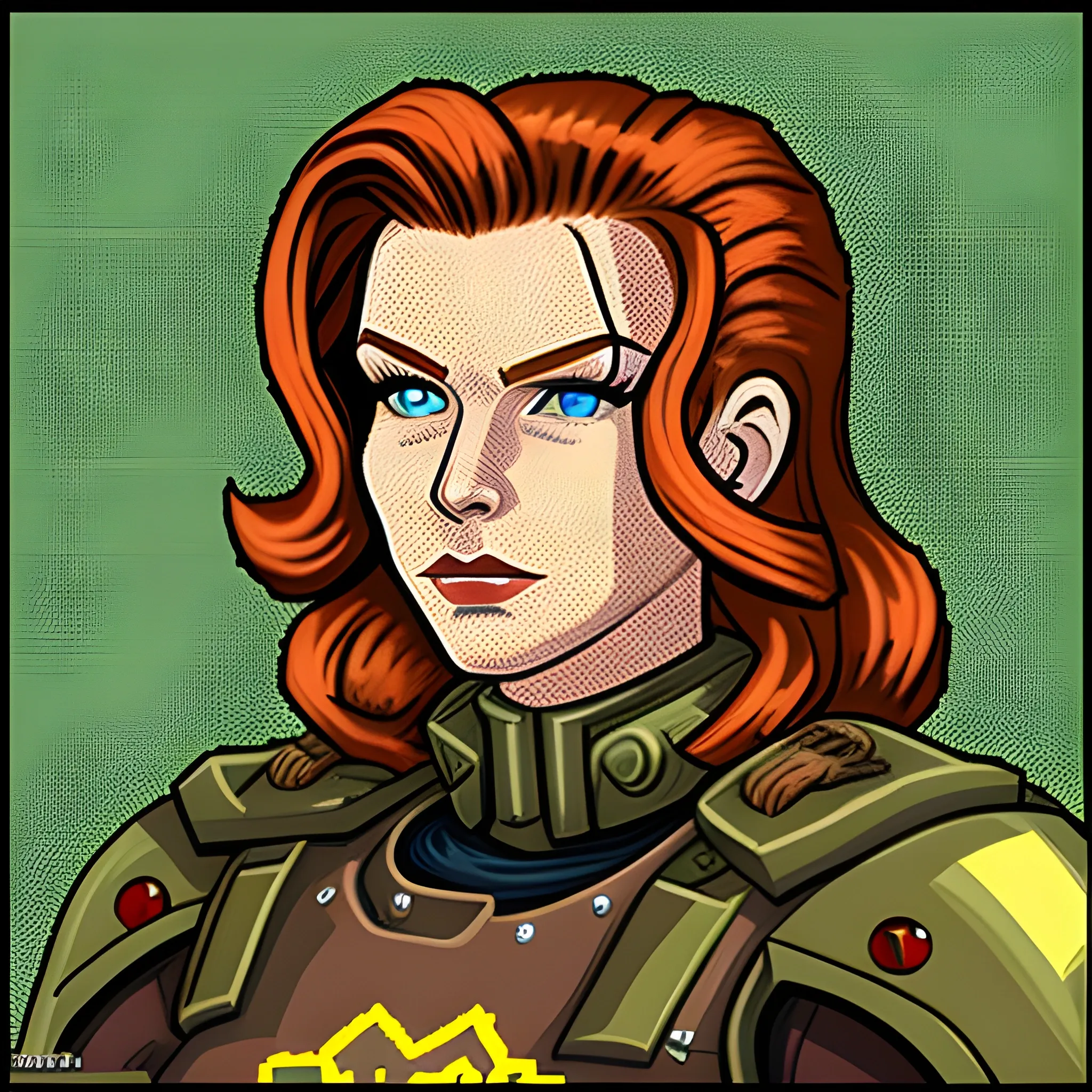 Fallout 1 master piece pixel art portrait of a glamorous coucasian ginger with long wild hair in a combat armor over an enclave uniform