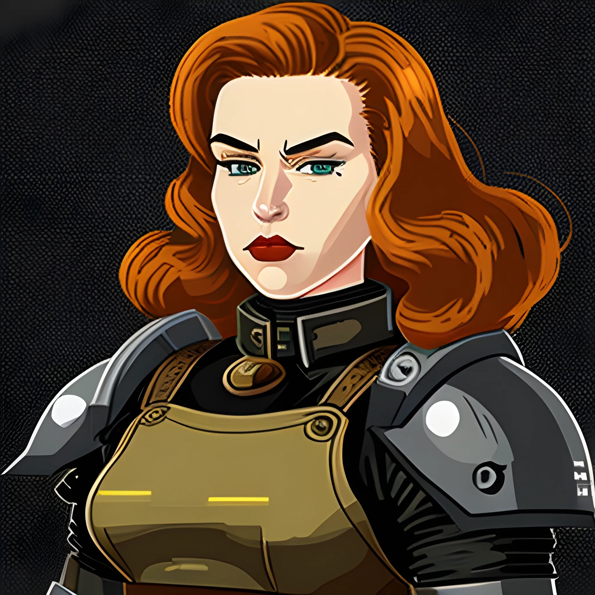 Fallout 1 master piece pixel art portrait of a glamorous coucasian ginger with long wild hair in black combat armor over a black enclave uniform