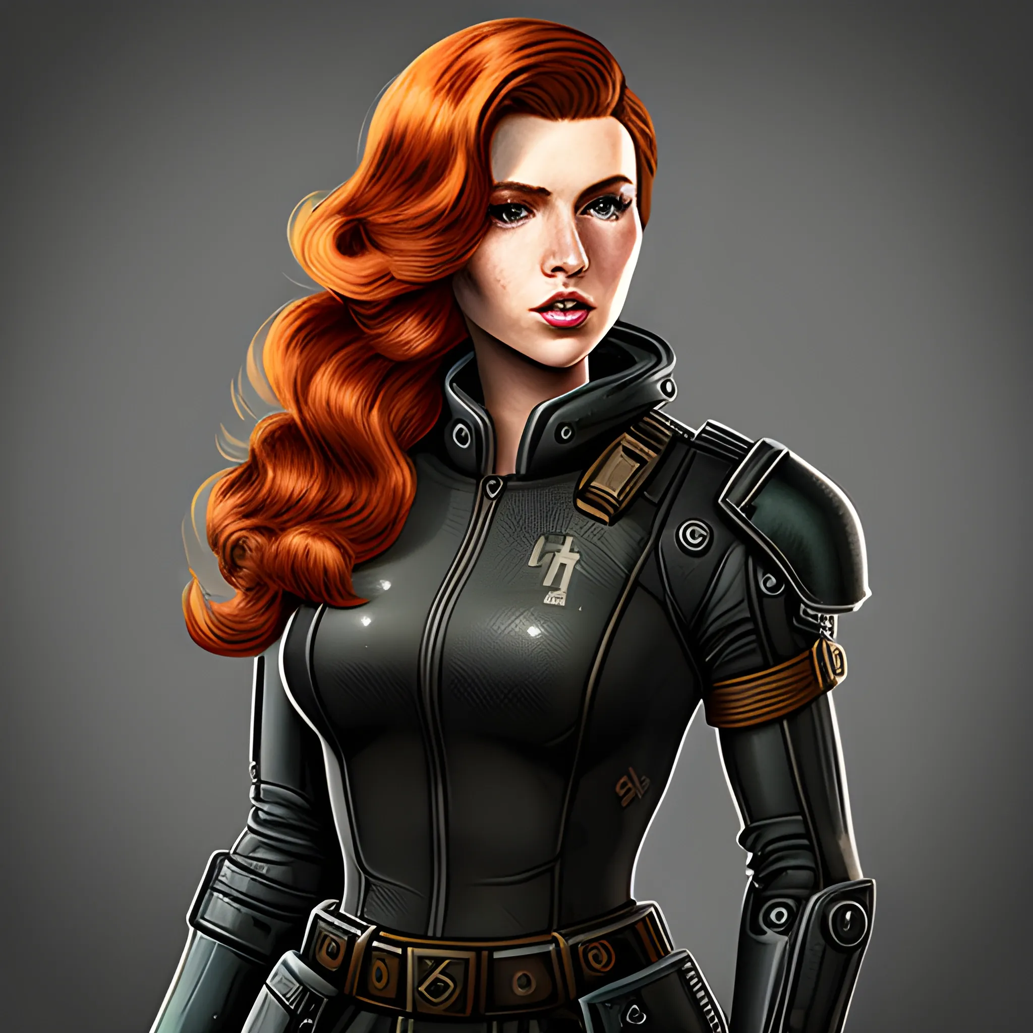 Fallout 4 master piece pixel art portrait of a glamorous coucasian ginger with long wild hair in black recon armor over a black enclave jumpsuit