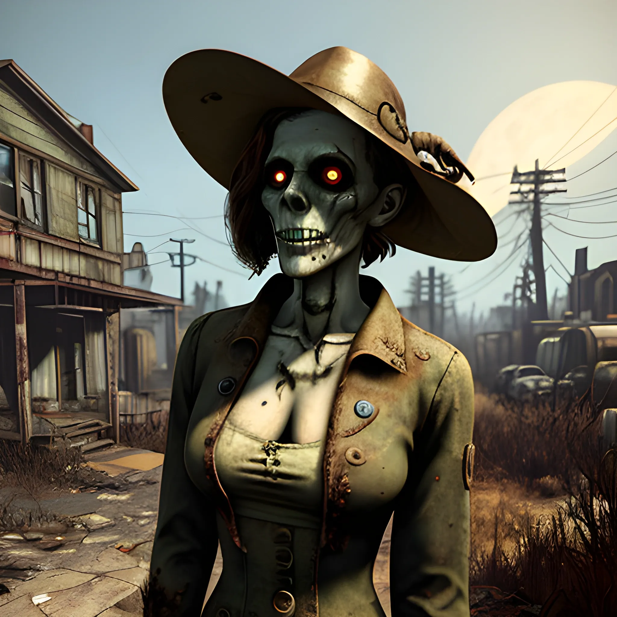 Fallout 4 masterpiece portrait of a female ghoul wearing a tattered brown duster and sunhat full body