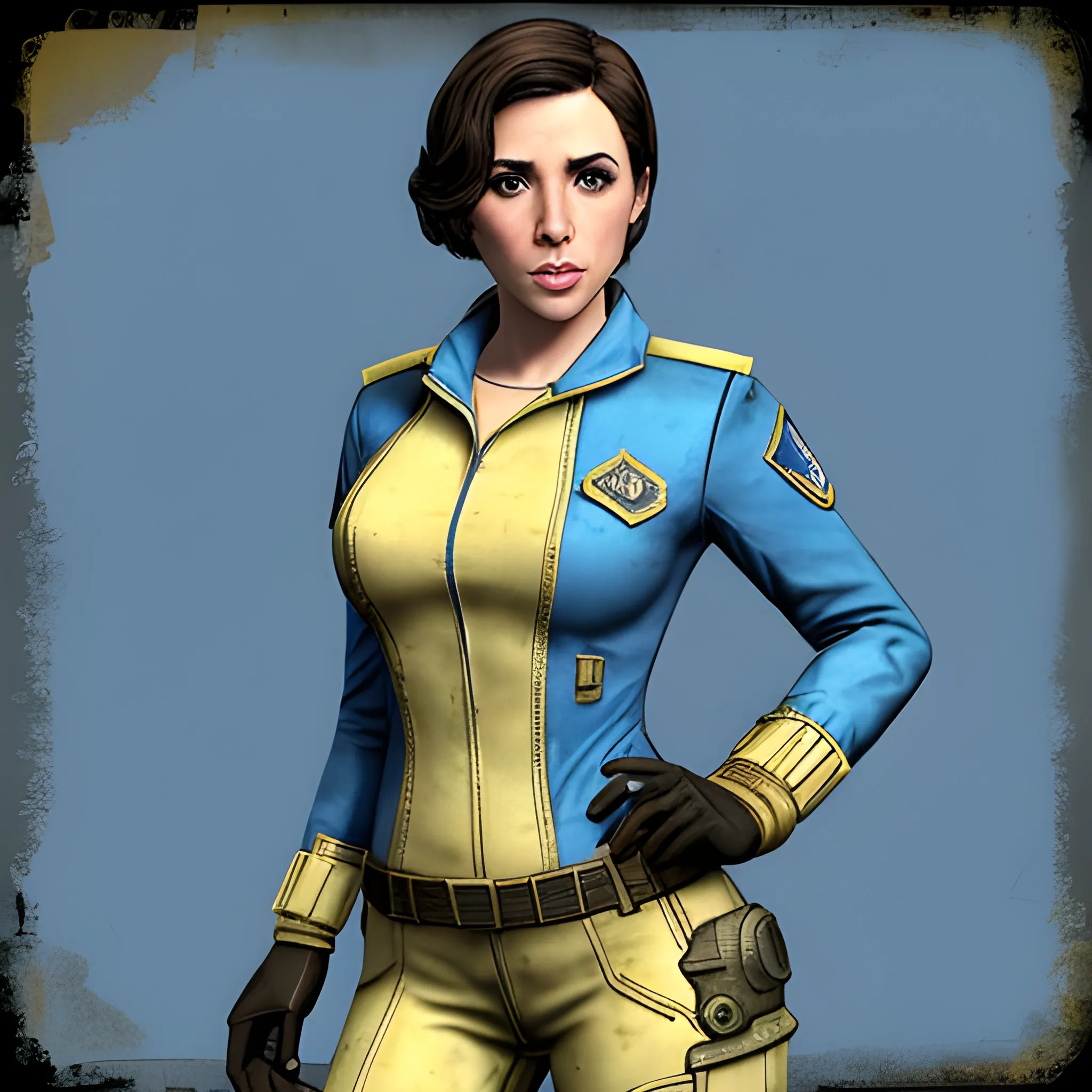 In the style of Fallout New Vegas, masterpiece, Allison Brie a vault dweller in blue vault suit