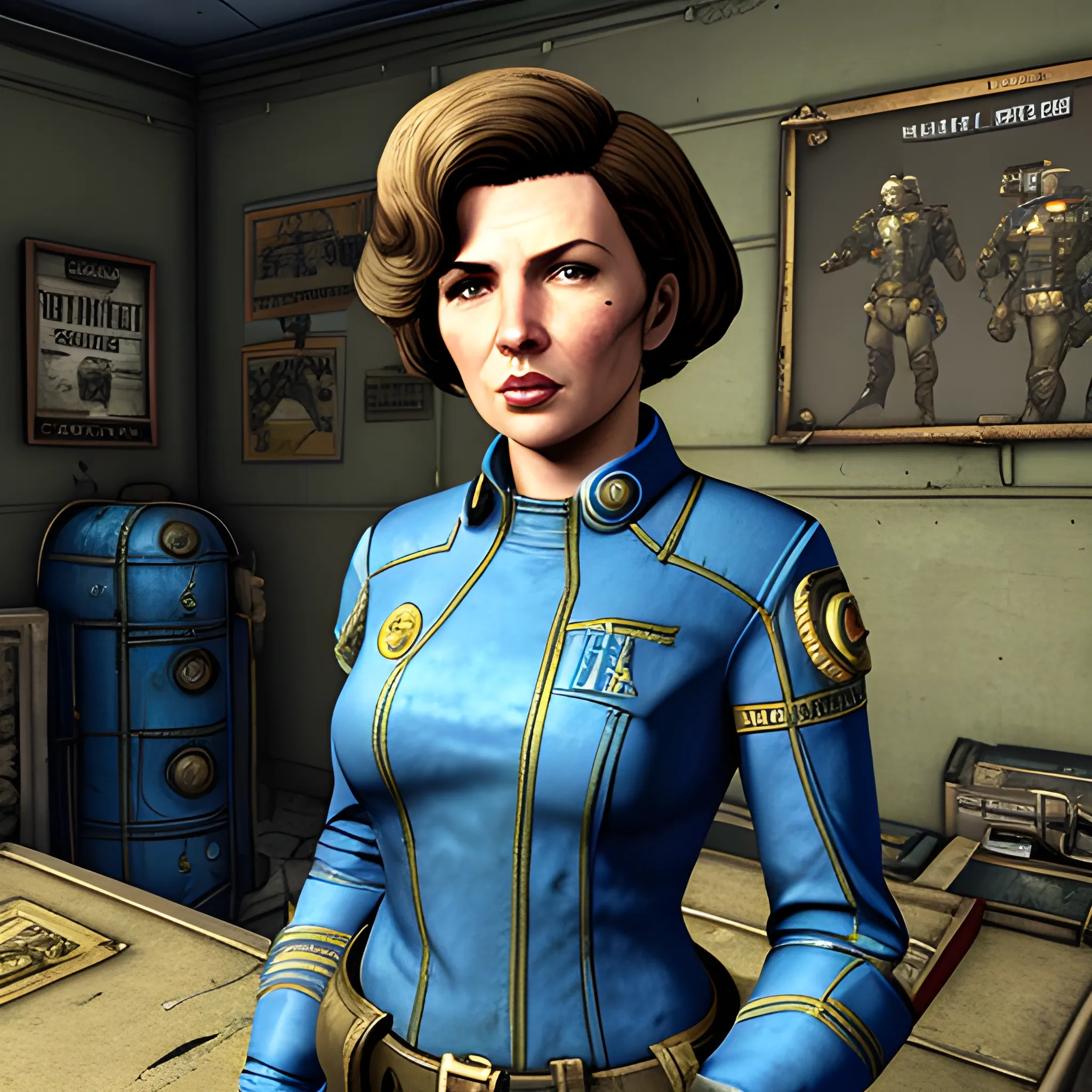 In the style of Fallout New Vegas, masterpiece, Shirley Benett as vault dweller in blue vault suit