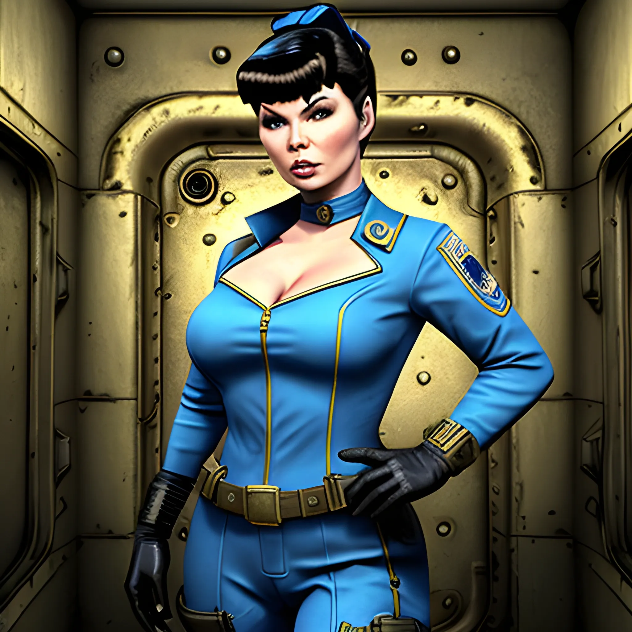 In the style of Fallout New Vegas, masterpiece, Yvonne Craig as vault dweller in blue vault suit