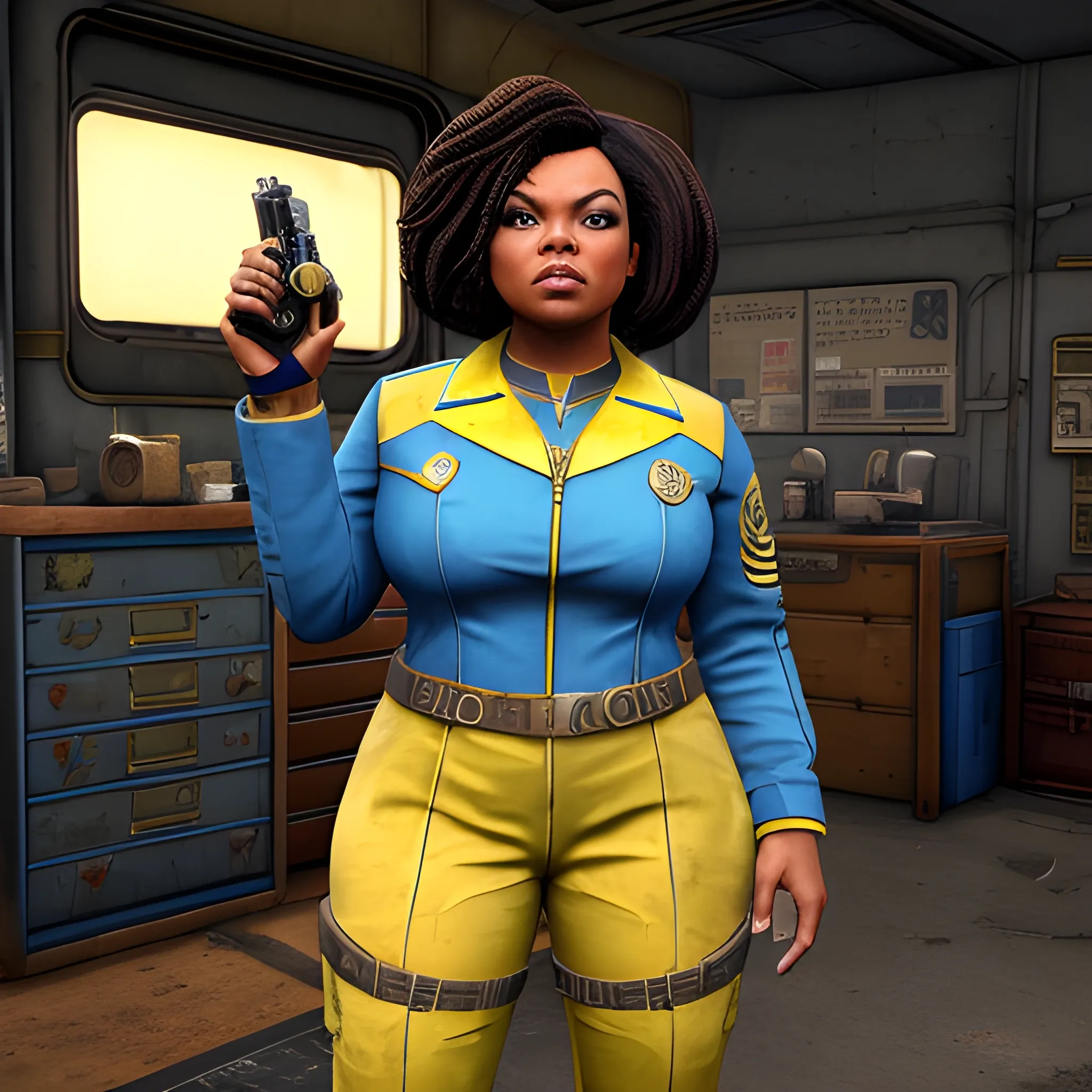 In the style of Fallout New Vegas, masterpiece, Yvette Nicole Brown as vault dweller in blue vault suit