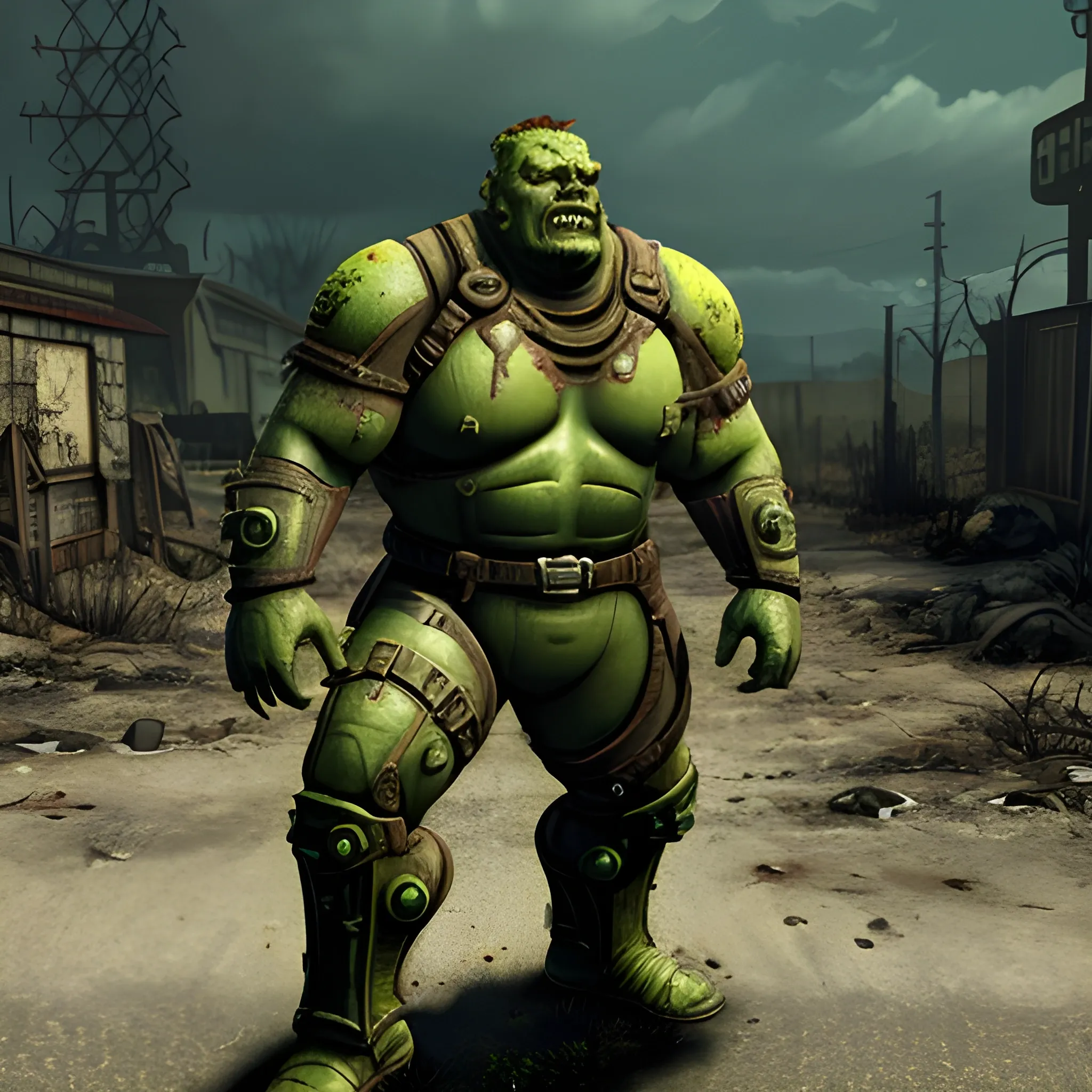 in the style of Fallout 4 masterpiece,  fallout supermutant with mutated face and green skin wearing scavenged armor, full body