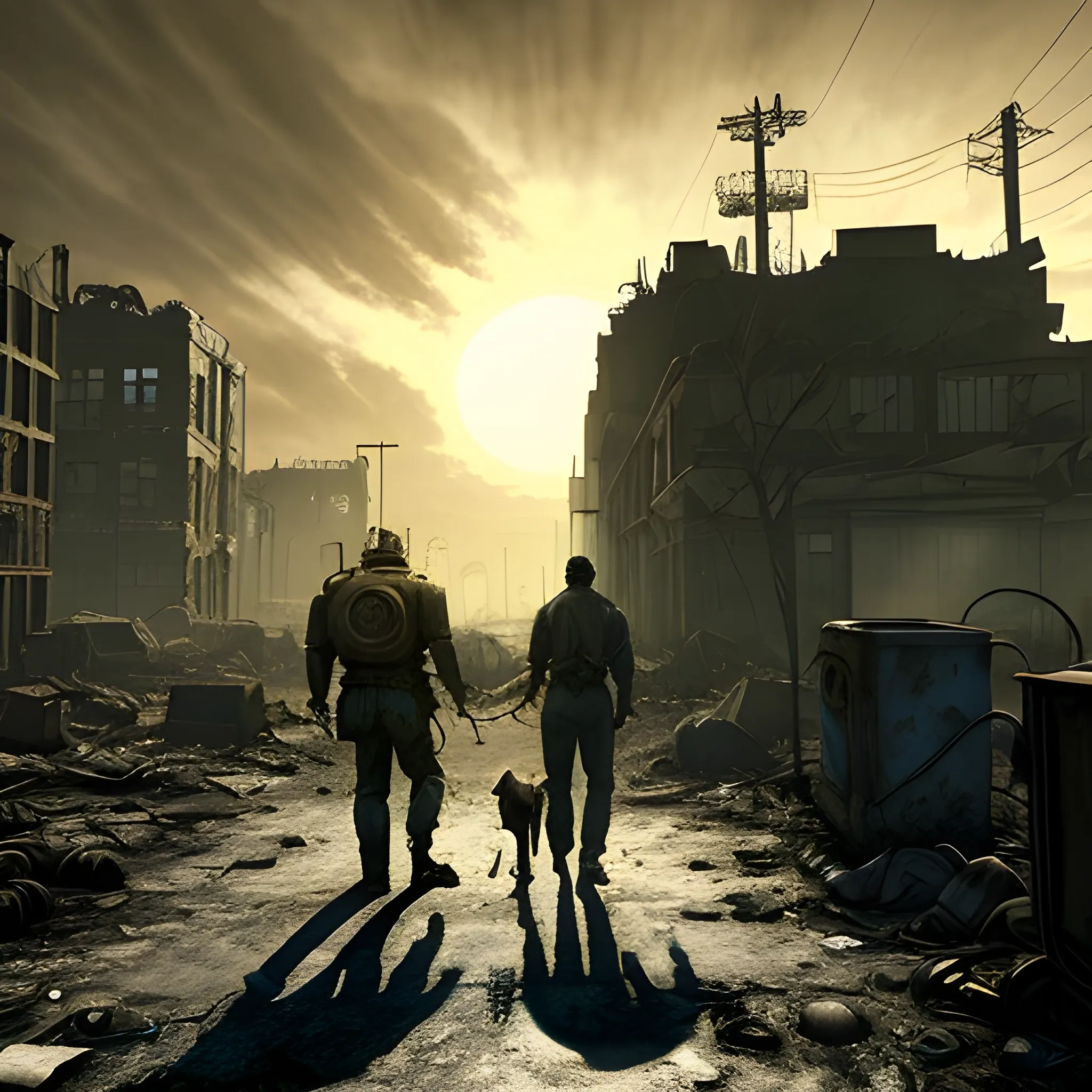 fallout 4,  a man and a dog walking towards the sun in a post-apocalyptic city,  "dark, gritty, desolate, abandoned, ruined buildings, distressed colors, dynamic angle, dusty, fire and smoke, gloomy atmosphere