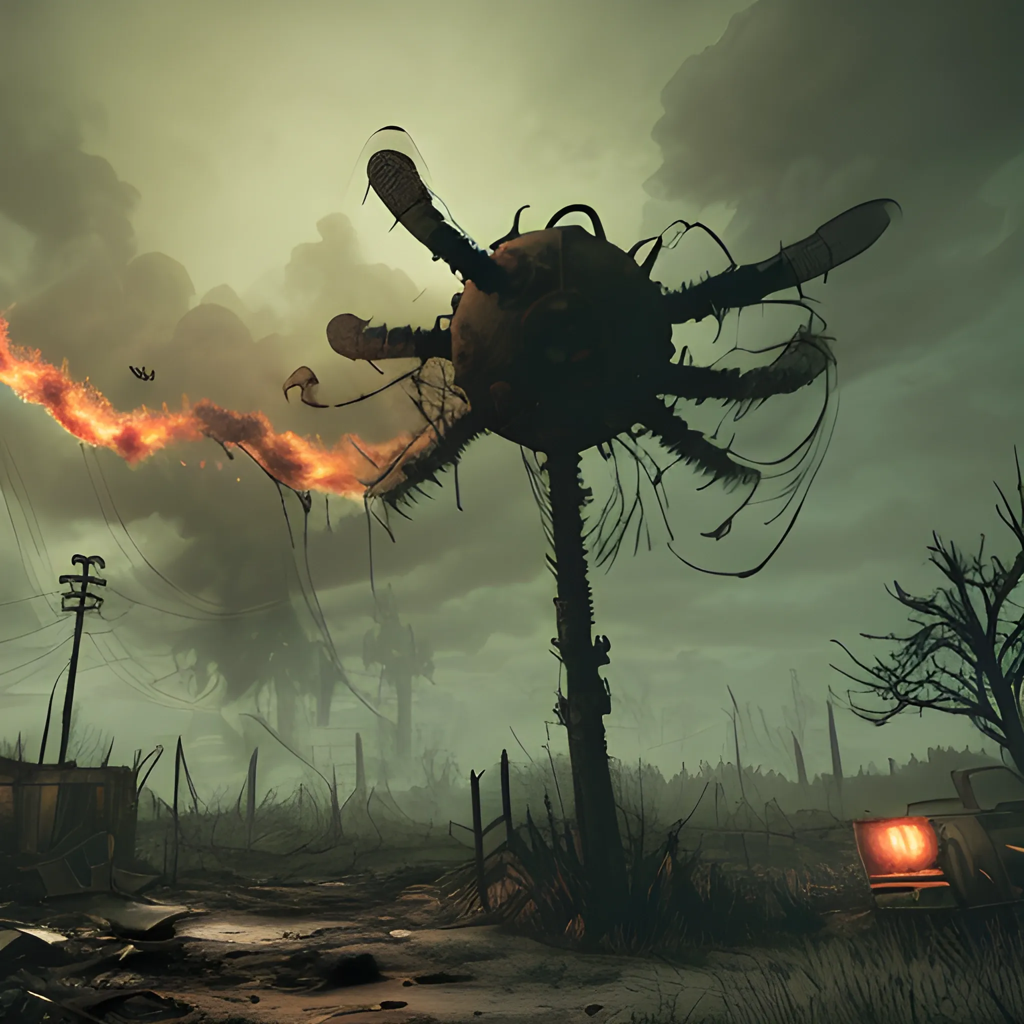 fallout 4, a large mutated mosquito  "dark, gritty, desolate, abandoned, mutated plants, distressed colors, dynamic angle, dusty, fire and smoke, gloomy atmosphere