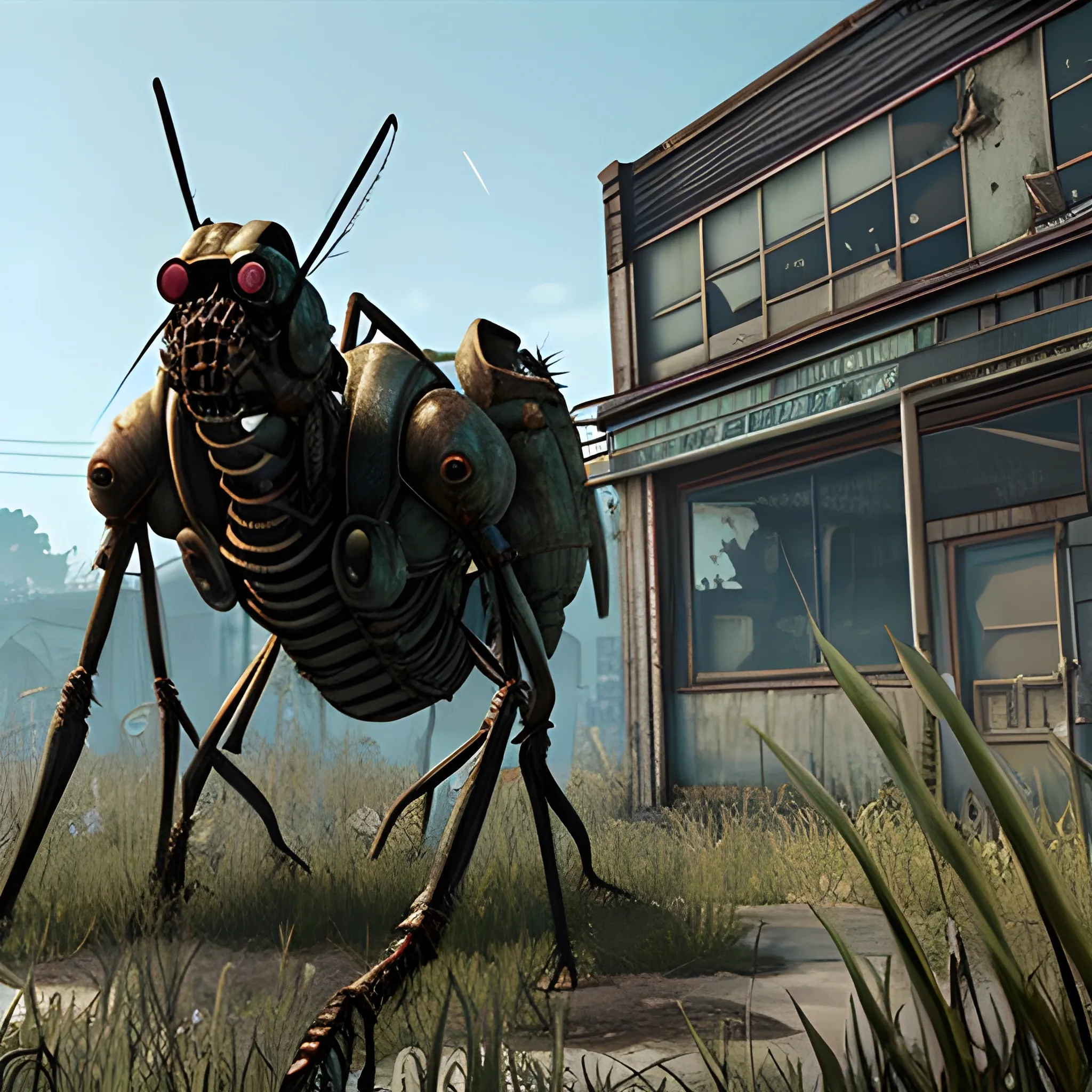 fallout 4, a very large mutated mosquito all by itself with mutated plants in the background