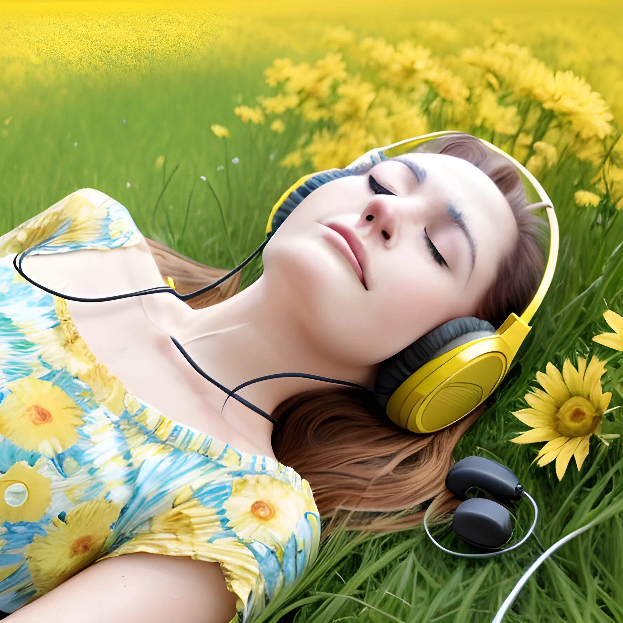 A woman lying on the grass, listening to music with headphones in an open field full of yellow flowers. This stock photo was the winner of a contest, in the style of Van Gogh. --ar 16:9, Water Color