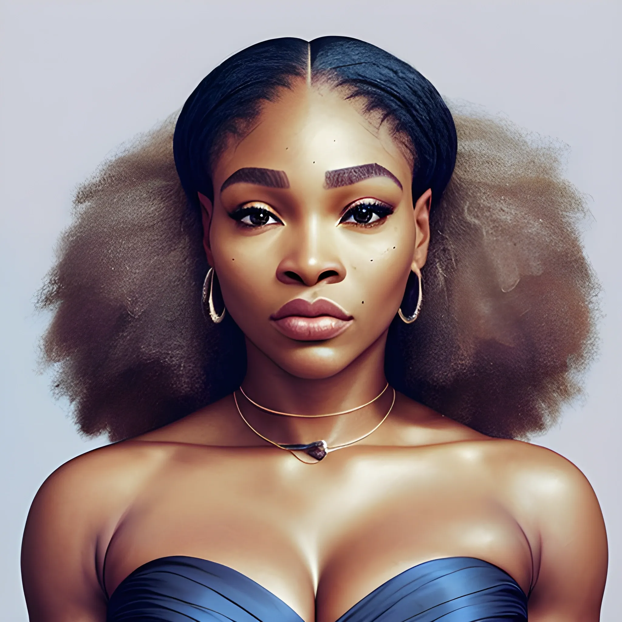 A mesmerizingly photorealistic composition that merges the facial features of Sophia Nomvete, Serena Williams, Johnathan Majors, and Fantasia Barrino in a harmonious fusion of elegance and artistry. The intense blue eyes of a powerhouse woman glistening in the light, exuding an ethereal beauty that captivates the viewer. With a confident and intimidating aura on her chiseled face & wide jawline. A stunning portrayal of formidable strength and captivating allure. Thick full lips that glistens in the light with her lip gloss.
