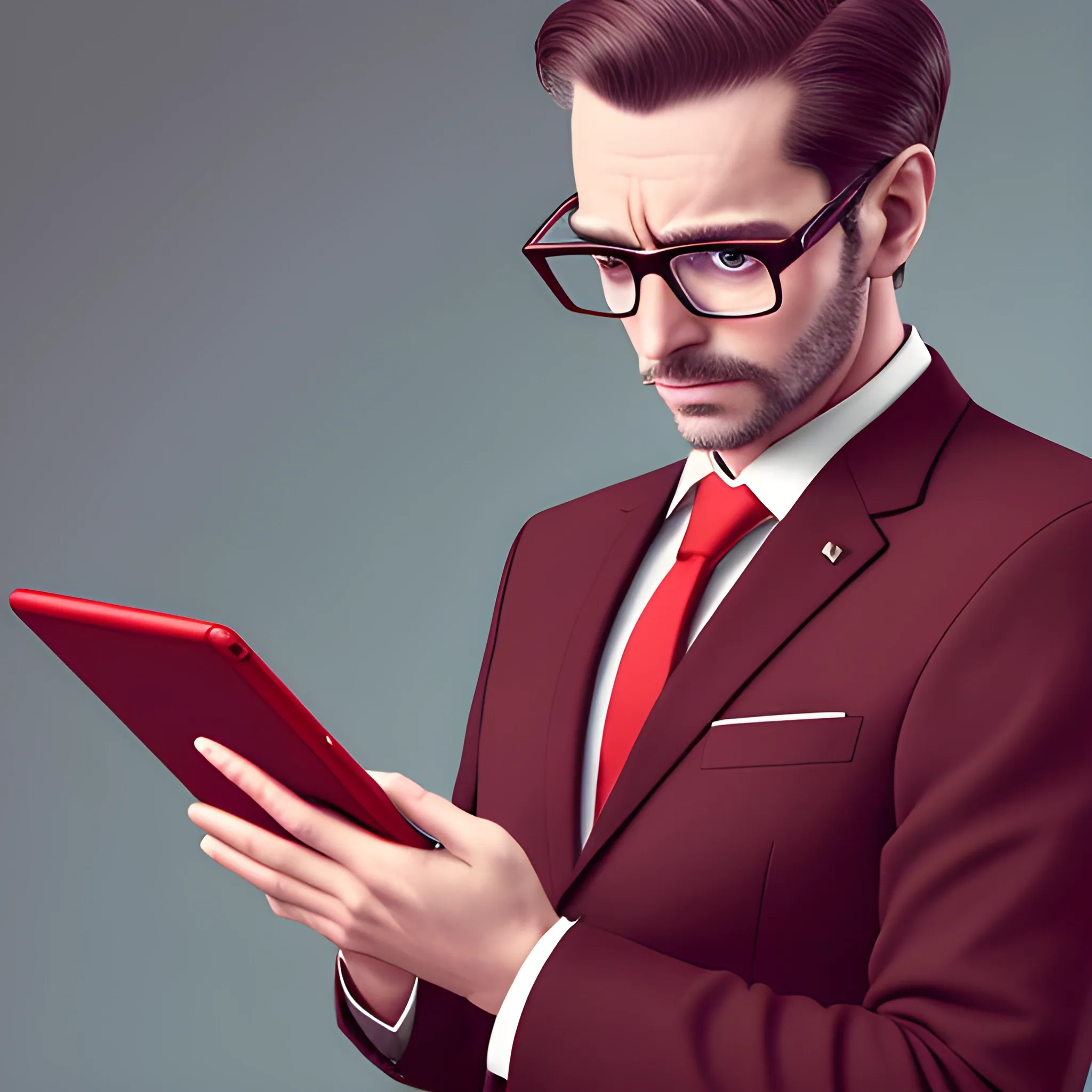 a man in a jacket and red tie, holding a tablet, staring at it, he wears glasses, the man is thin, I want the image quality to be 4k and , to be similar to a real person, Trippy