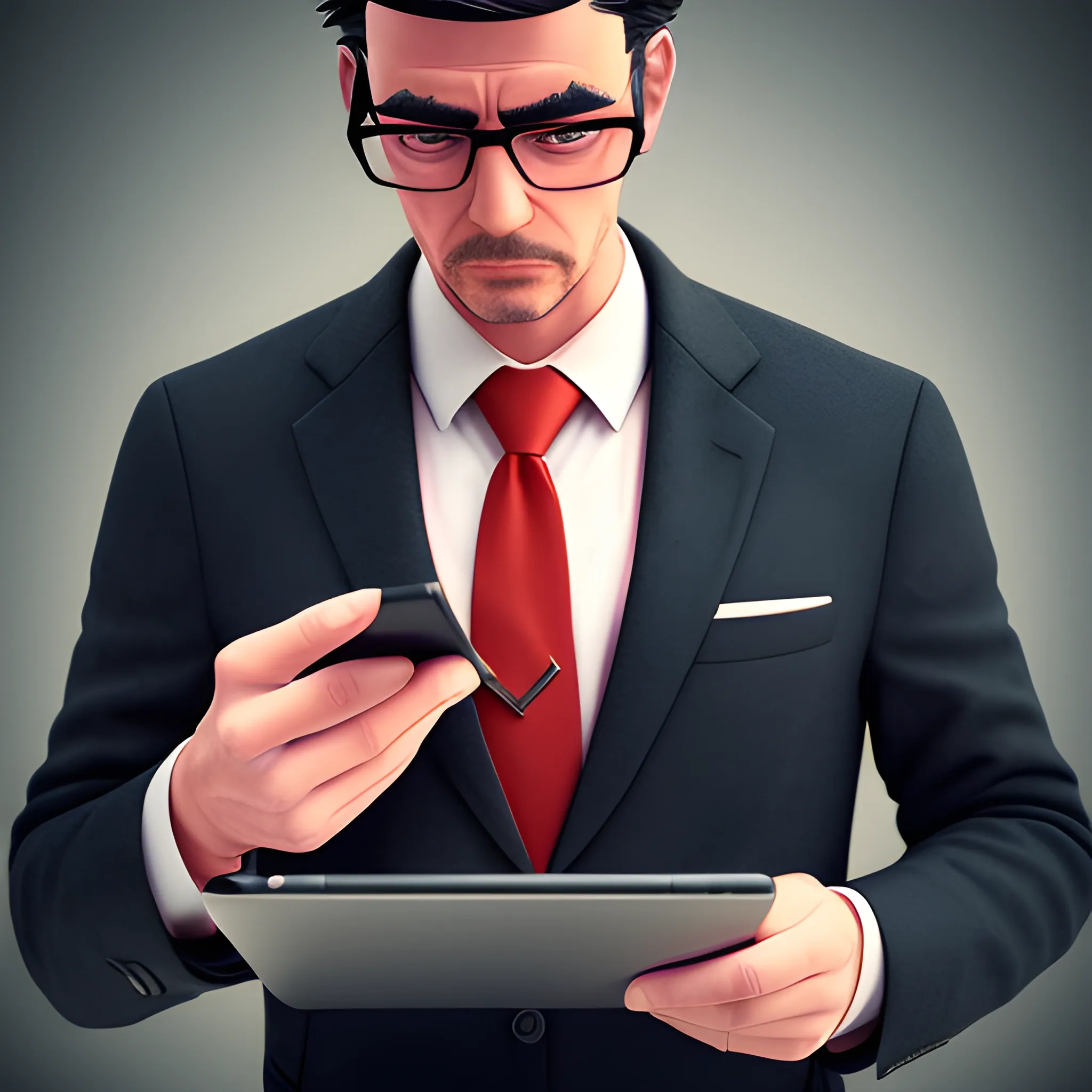 a man in a jacket and red tie, holding a tablet, staring at it, he wears glasses, the man is thin, I want the image quality to be 4k and , to be similar to a real person, Trippy, 3D