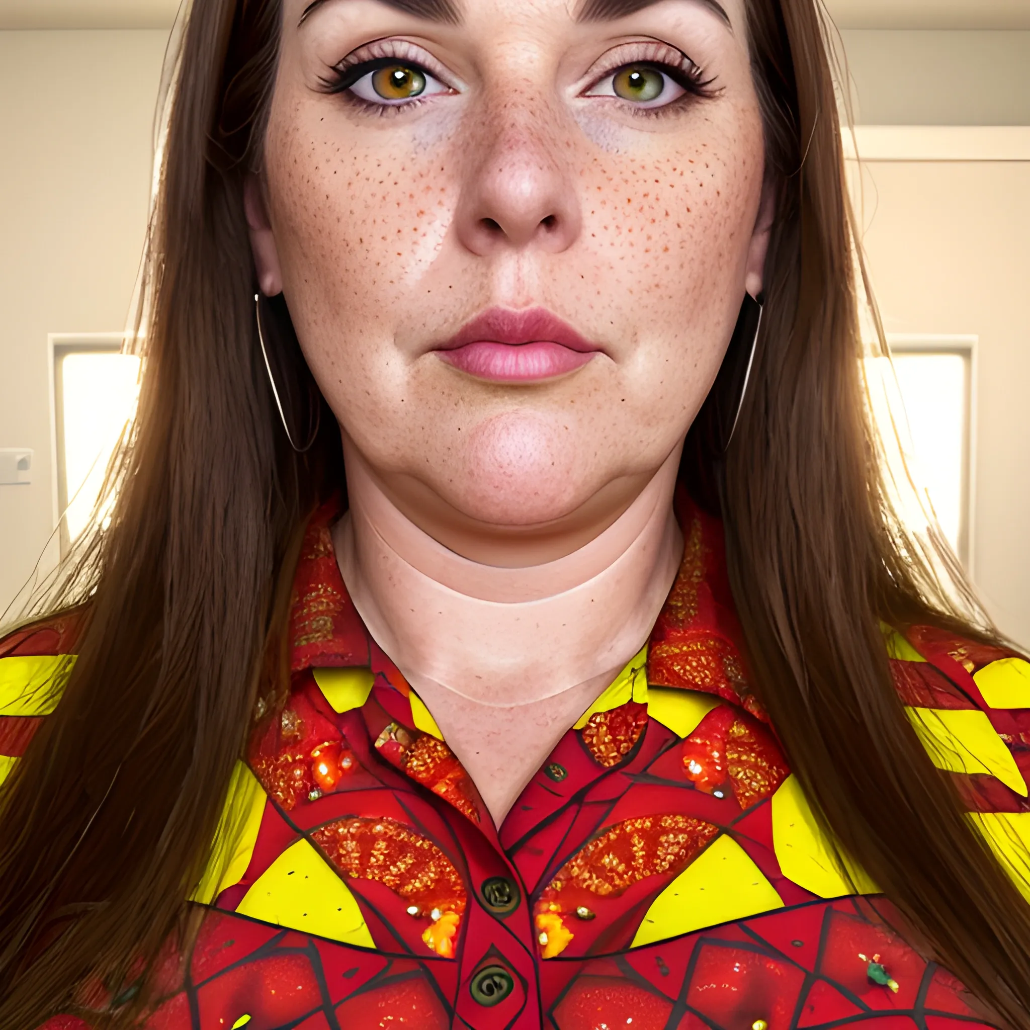 Tall beautiful plus sized, ample, middle-aged  American Woman, long straight brown hair, full lips, full face, freckles, fitted red and yellow patterned shirt, looking down at the camera, up close pov, detailed, warm lighting 