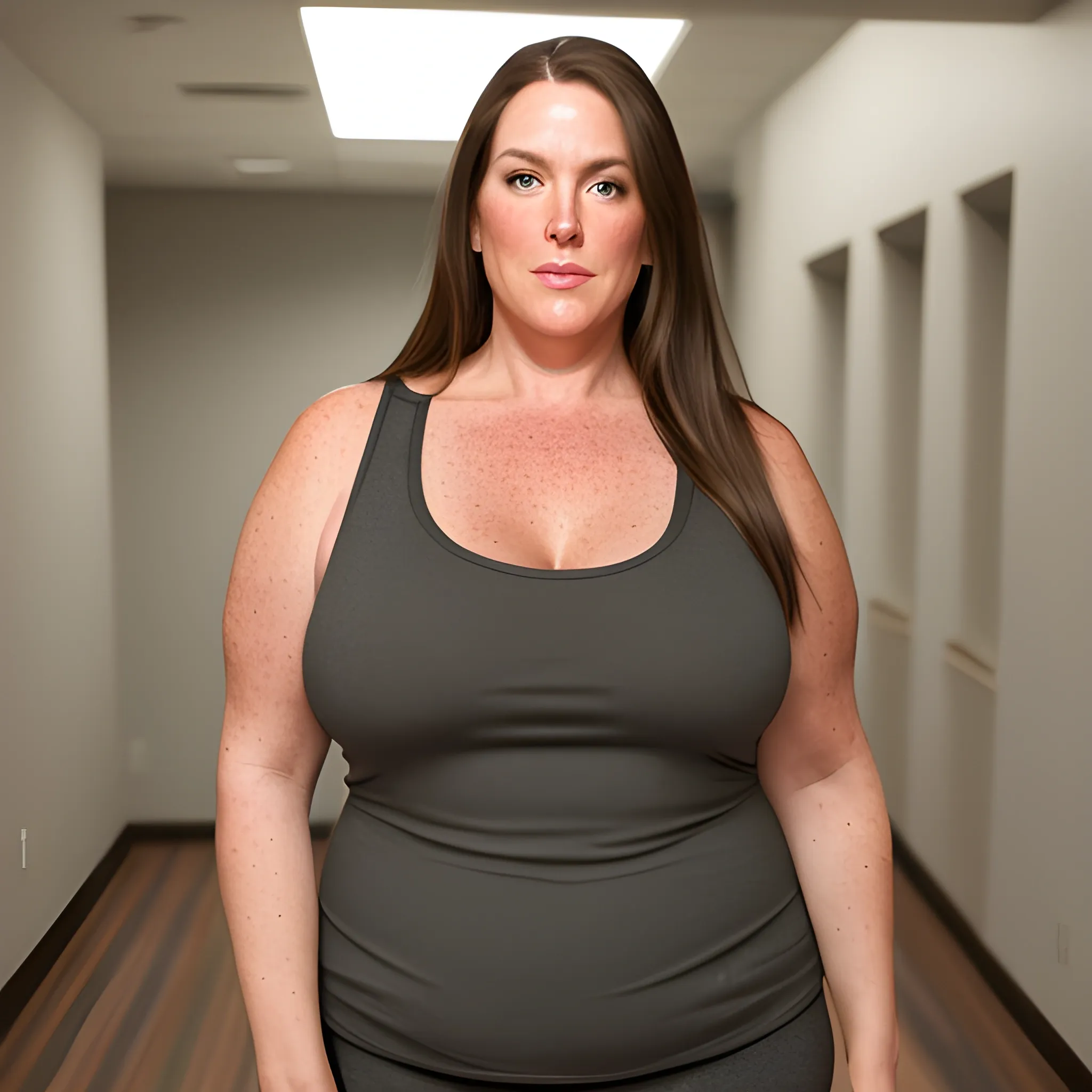 Tall beautiful plus sized, ample, middle-aged  American Woman, long straight brown hair, full lips, full face, freckles, fitted tank top and yoga pants, looking down at the camera, detailed, warm lighting 