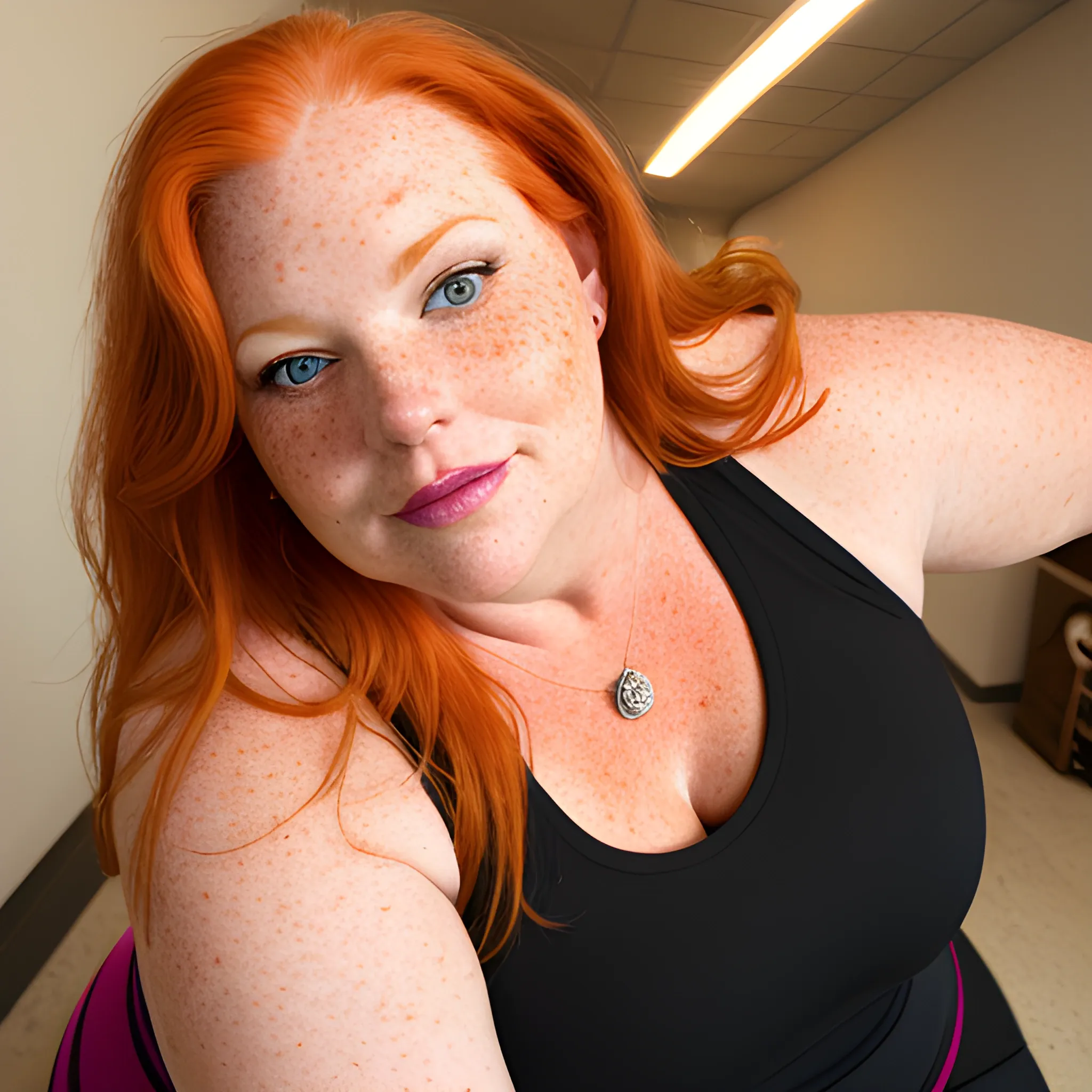 Tall beautiful, plus sized, ample, middle-aged  American Woman, long straight, ginger hair, full lips, full face, freckles, wearing fitted red tank top and yoga pants, looking down at the camera, detailed, warm lighting 