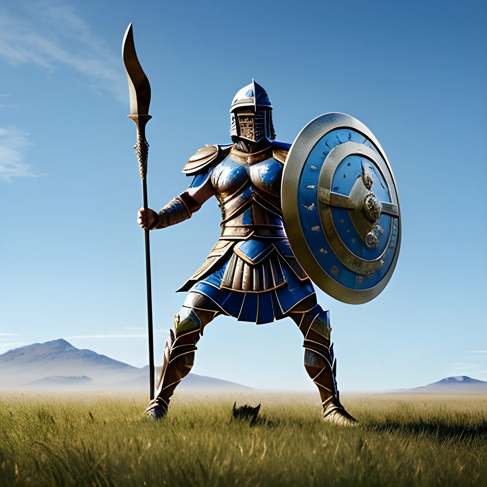 A majestic Spartan warrior standing on a grassy field, wearing traditional Spartan armor, holding a spear and shield, with a determined and heroic expression, clear blue sky in the background, highly detailed, realistic, epic scene,