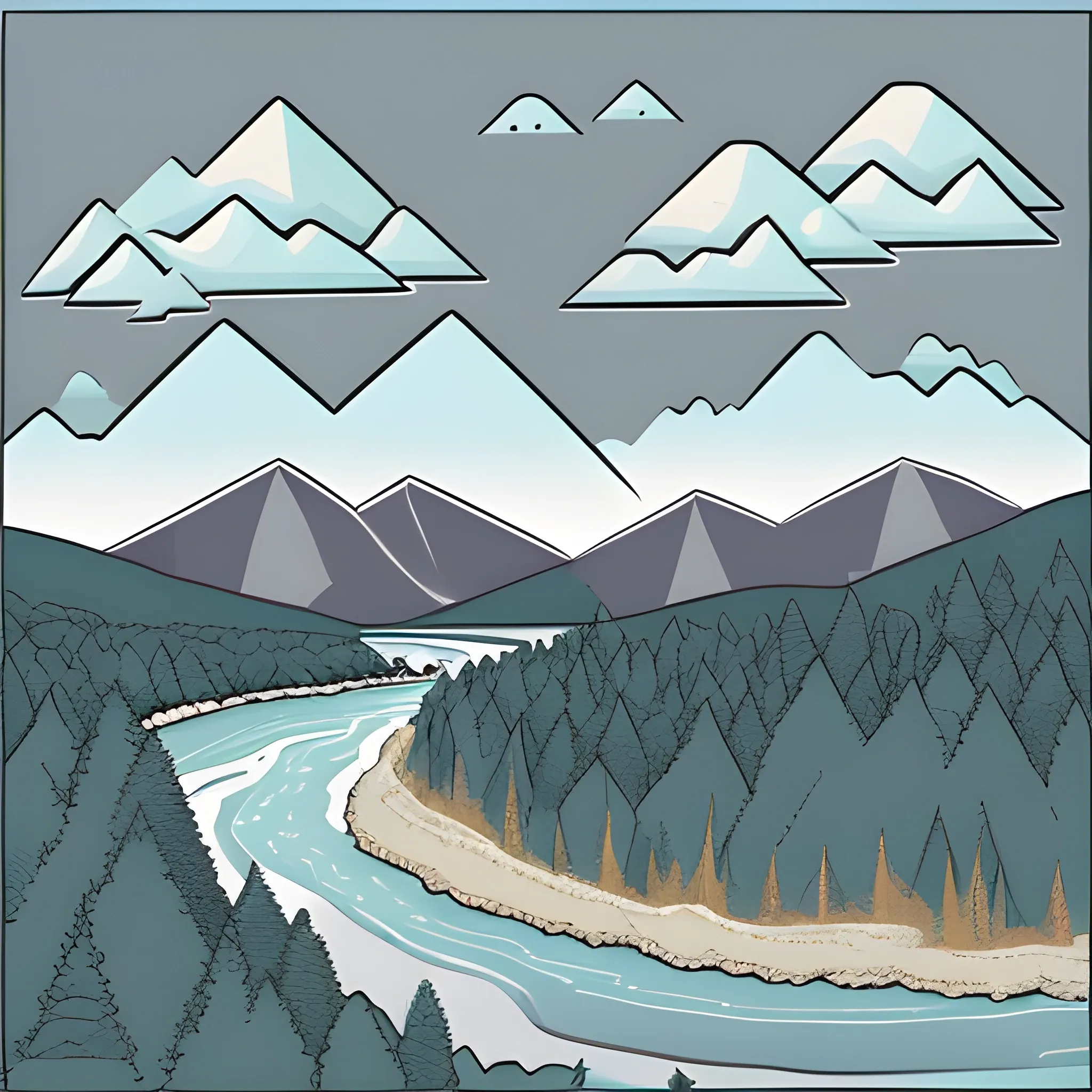 Create a stylized mountain landscape in a vector art style. Focus on a central scene with a river winding through the mountains. The background should feature varied peaks in shades of blue and gray. Line the riverbanks with clusters of evergreen trees. Include subtle cloud formations in the sky, maintaining a clear and serene atmosphere. Use a grainy texture to give the illustration a slightly rough, handcrafted feel. Stick to a color palette of blues, greens, and soft pastels.
