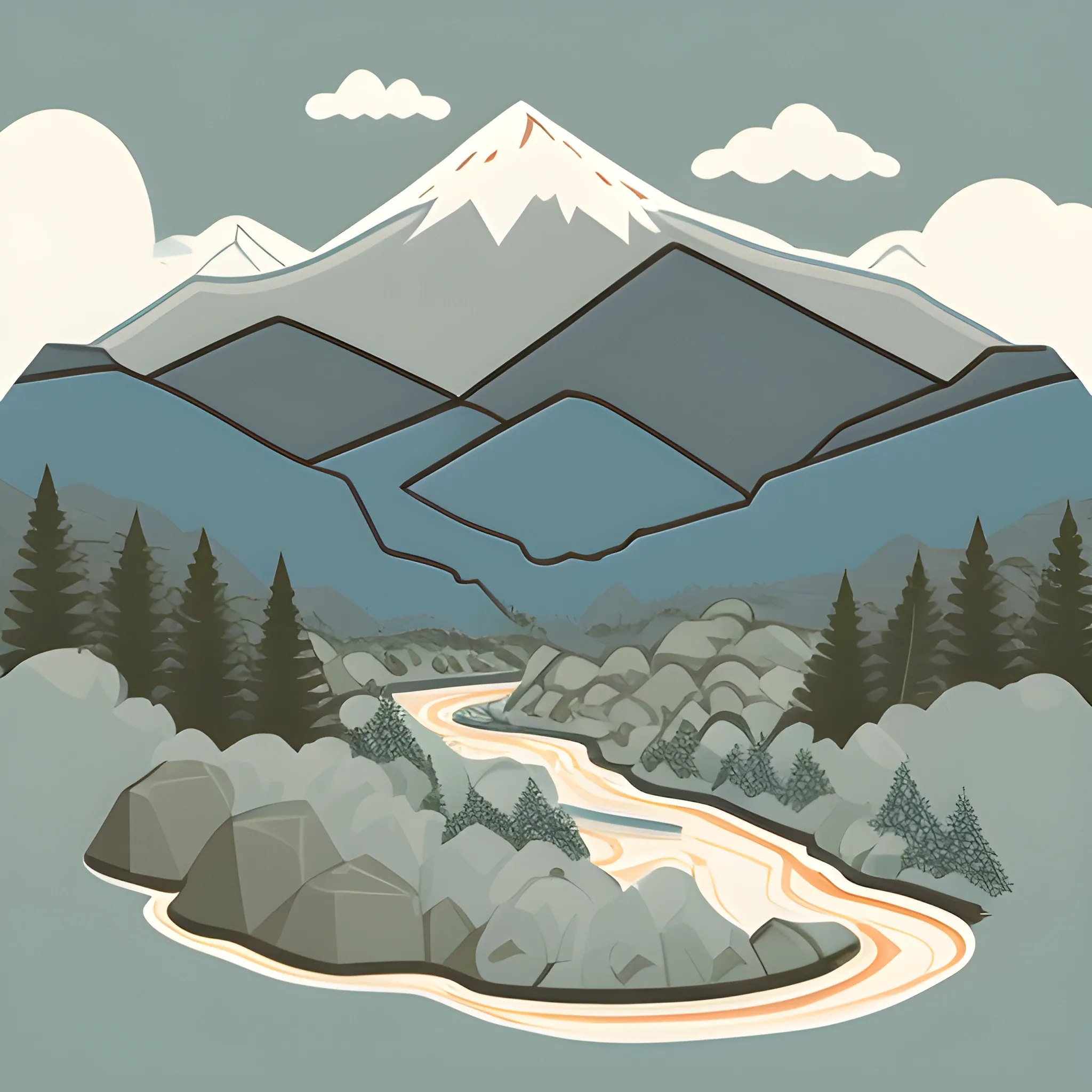 Create a stylized mountain landscape in a vector art style. Focus on a central scene with a river winding through the mountains. The background should feature varied peaks in shades of blue and gray. Line the riverbanks with clusters of evergreen trees. Include subtle cloud formations in the sky, maintaining a clear and serene atmosphere. Use a grainy texture to give the illustration a slightly rough, handcrafted feel. Stick to a color palette of blues, greens, and soft pastels.
