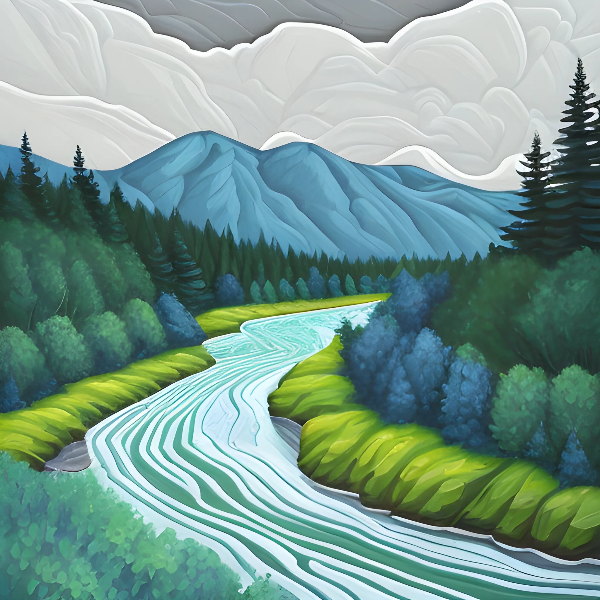 A stylized mountain landscape in a vector art style. A serene scene with a river winding through the mountains, featuring varied peaks in shades of blue and gray in the background. Evergreen trees line the riverbanks. The sky includes subtle cloud formations, creating a calm atmosphere. The image has a grainy texture to give it a slightly rough, handcrafted feel. Use a color palette of blues, greens, and soft pastels, Oil Painting