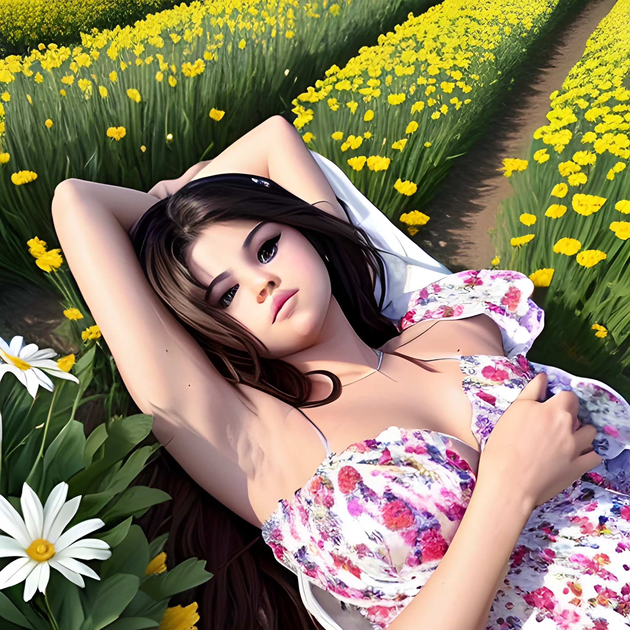Selena gomez lying down in a flower field with her arms splayed above her head 