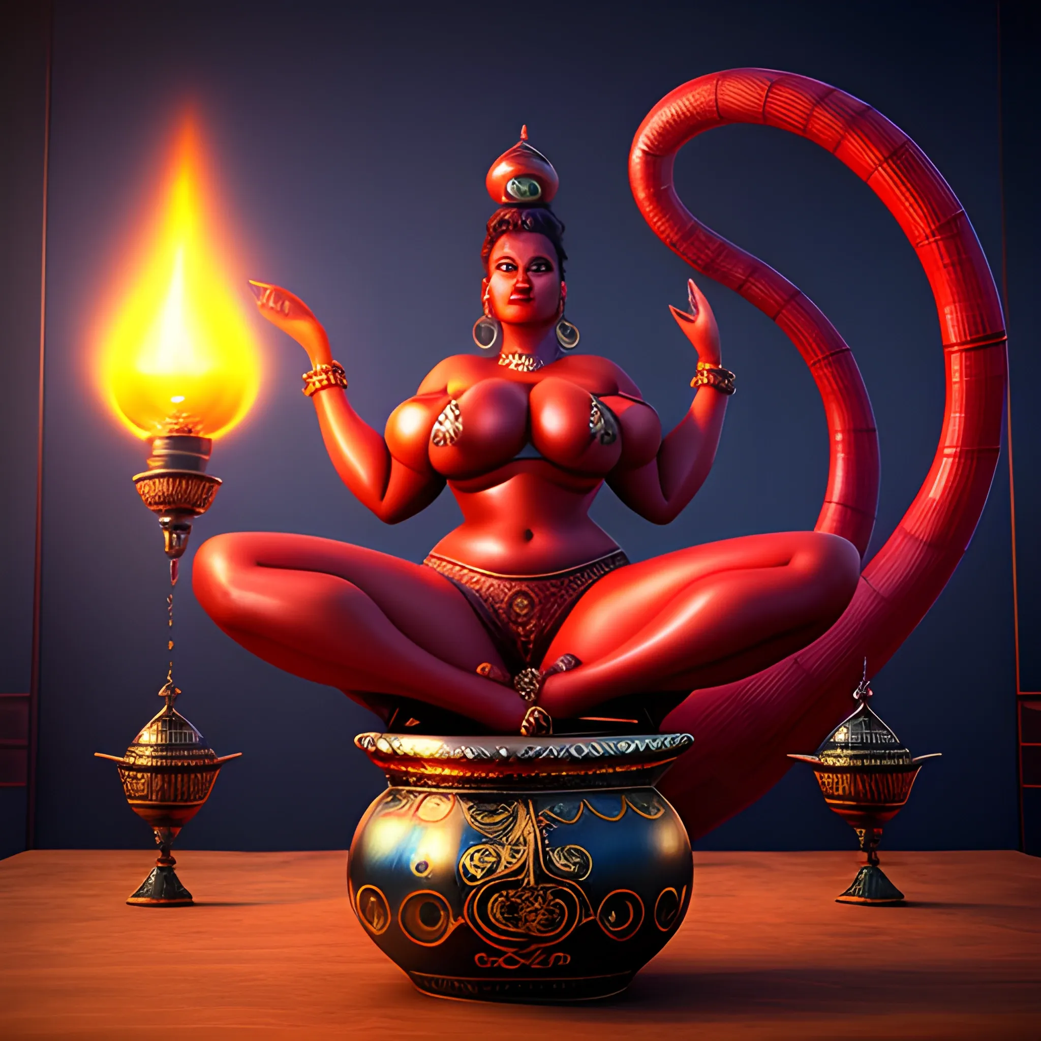  Realistic, high-quality, 8k, extremely detailed photography, high detail photography, big beautiful, adult woman, plus size, gigantic, towering height, female genie with genie tail made of magical red cloud that covers her legs entirely attached to her itty-bitty tiny black magic lamp being summoned from her black magic lamp, she hasn't seen a person in centuries, genie cuffs and jewelry,