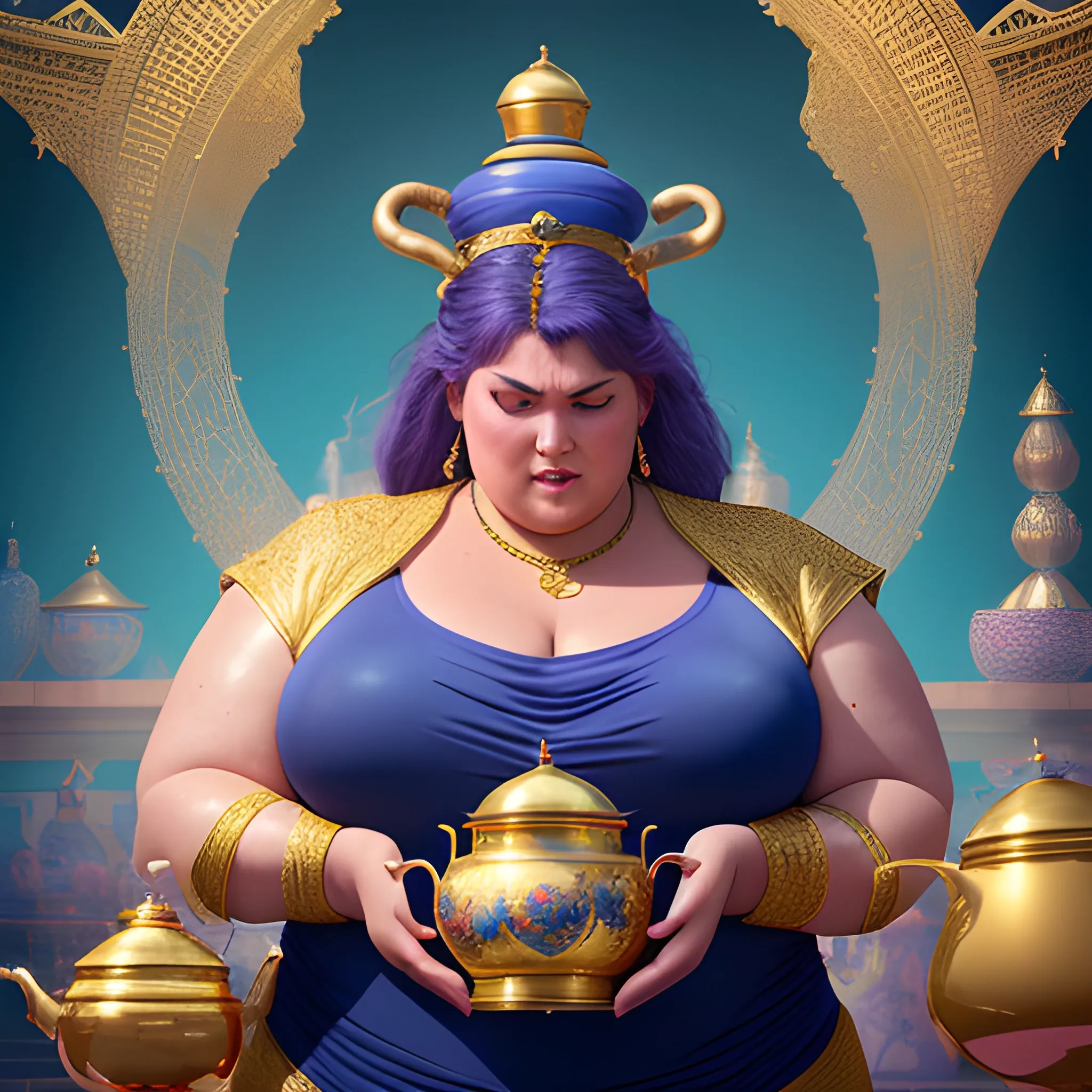  Realistic, high-quality, 8k, extremely detailed photography, high detail photography, big beautiful, adult woman, plus size, gigantic, towering height, female genie being summoned from her magic golden teapot, she hasn't seen a person in centuries, genie cuffs and jewelry,