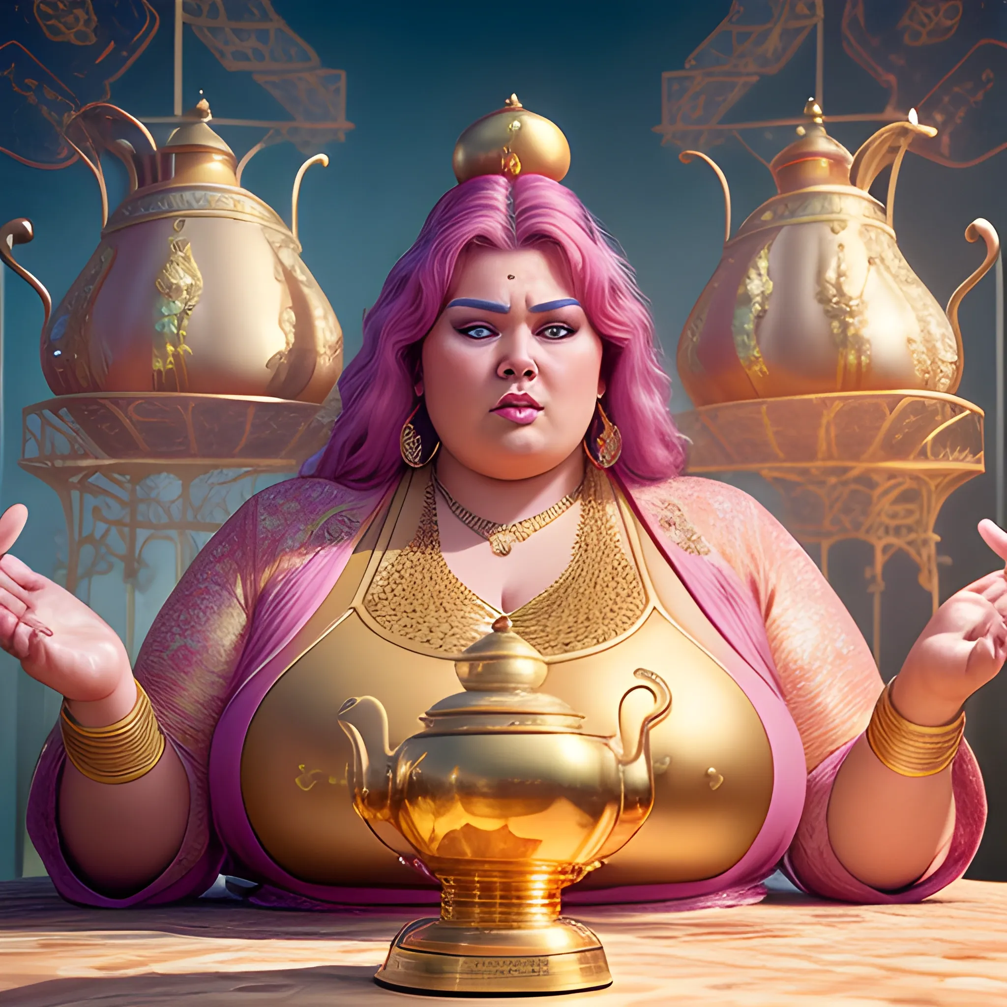  Realistic, high-quality, 8k, extremely detailed photography, high detail photography, big beautiful, adult woman, plus size, gigantic, towering height, female genie being summoned from her magic golden teapot, she hasn't seen a person in centuries, genie cuffs and jewelry,