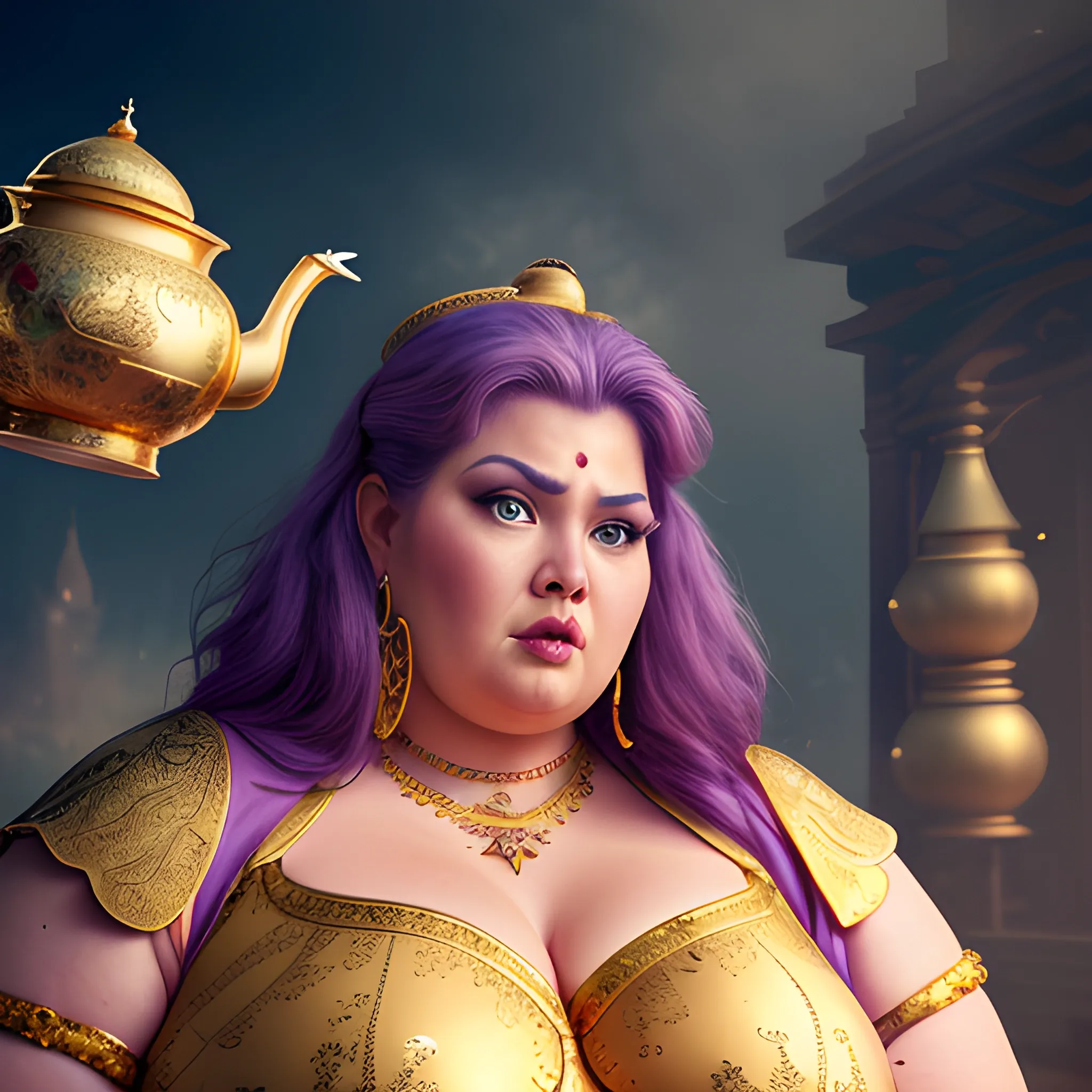  Realistic, high-quality, 8k, extremely detailed photography, high detail photography, big beautiful, adult woman, plus size, gigantic, towering height, female genie being summoned from her magic golden teapot, she hasn't seen a person in centuries, genie cuffs and jewelry,